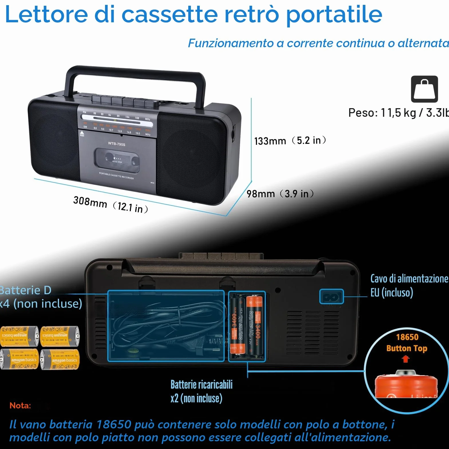 Lettore di cassette AM/FM/SW Bluetooth 10W portatile convertitore MP3 USB