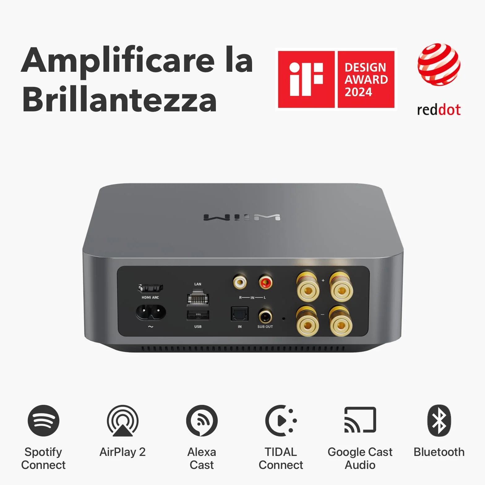 WiiM Amp Amplificatore Streaming Multiroom AirPlay Google Cast Alexa HDMI Controllo Vocale Grigio Spazio