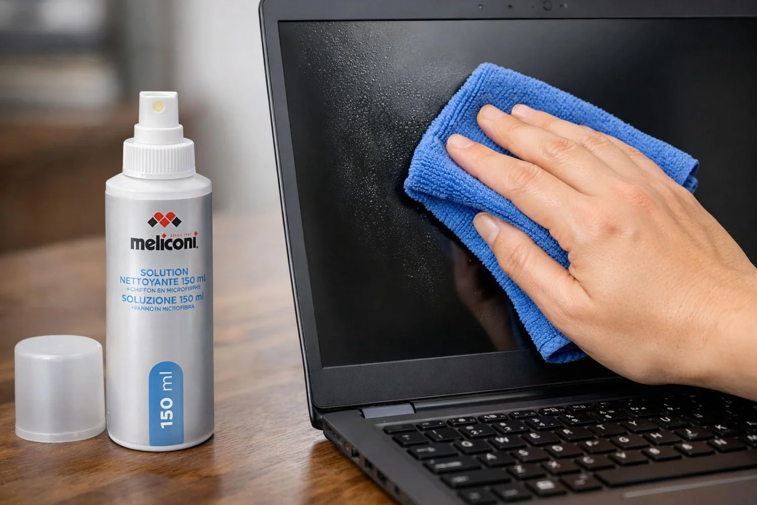 MELICONI Soluzione di Pulizia C-150 150 ml Panno in Microfibra per Schermi TV, Monitor, Smartphone, LCD, Plasma