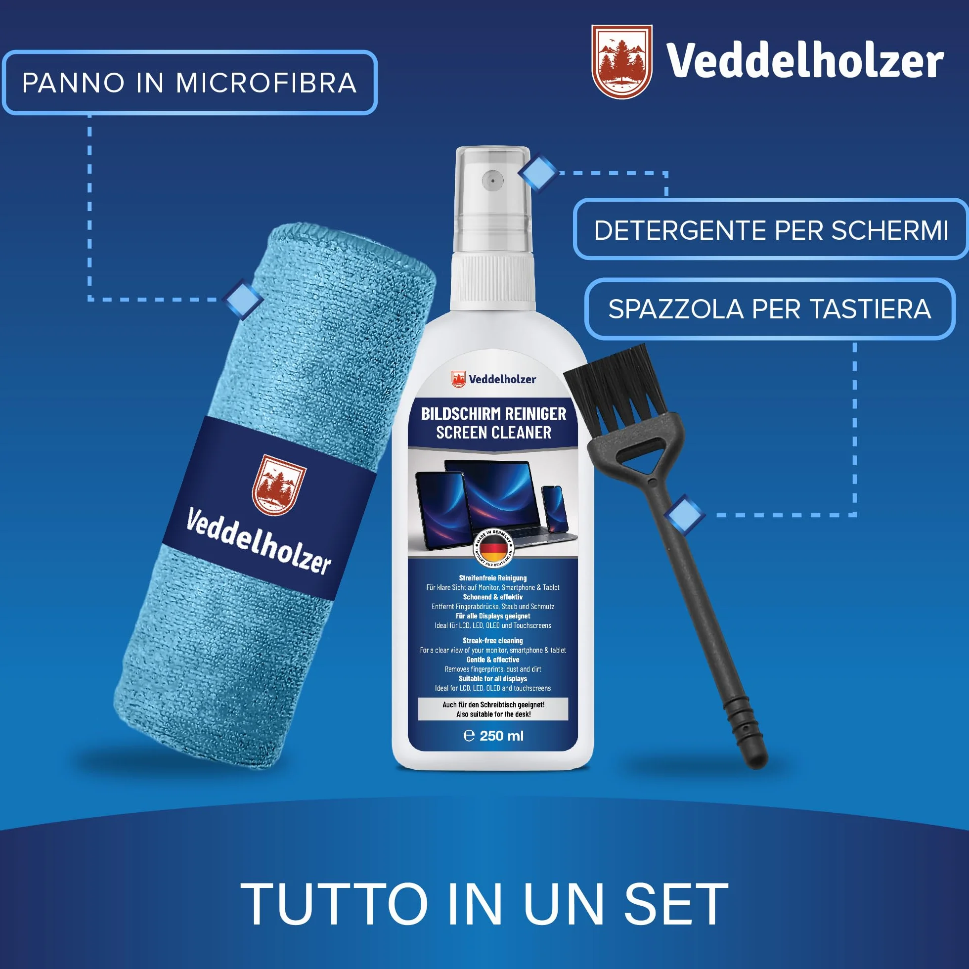 Veddelholzer Set di pulizia dello schermo 250 ml, detergente per display con panno in microfibra e pennello per tastiera