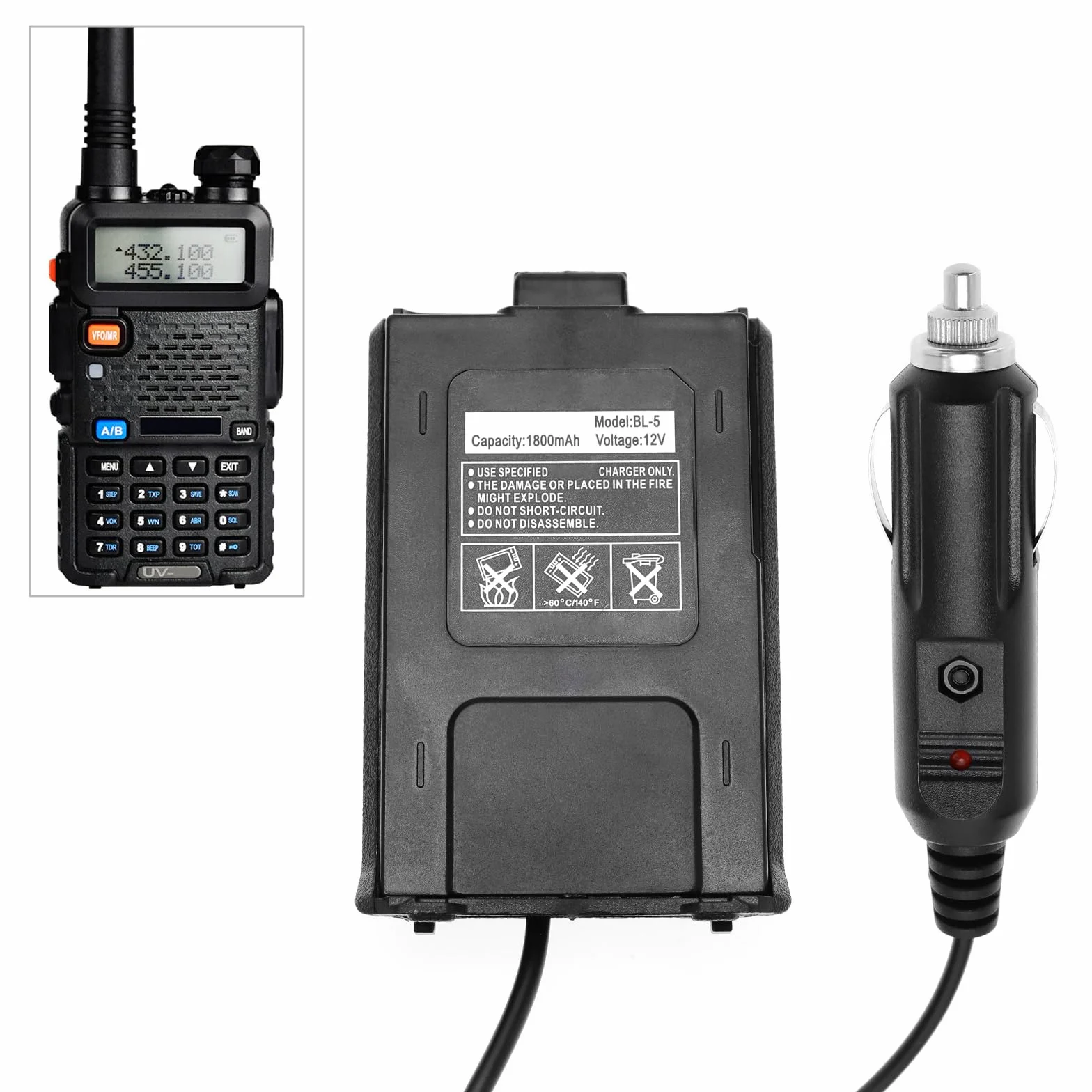 ECSiNG Adattatore di Alimentazione per Auto Baofeng UV-5R 12V Nero