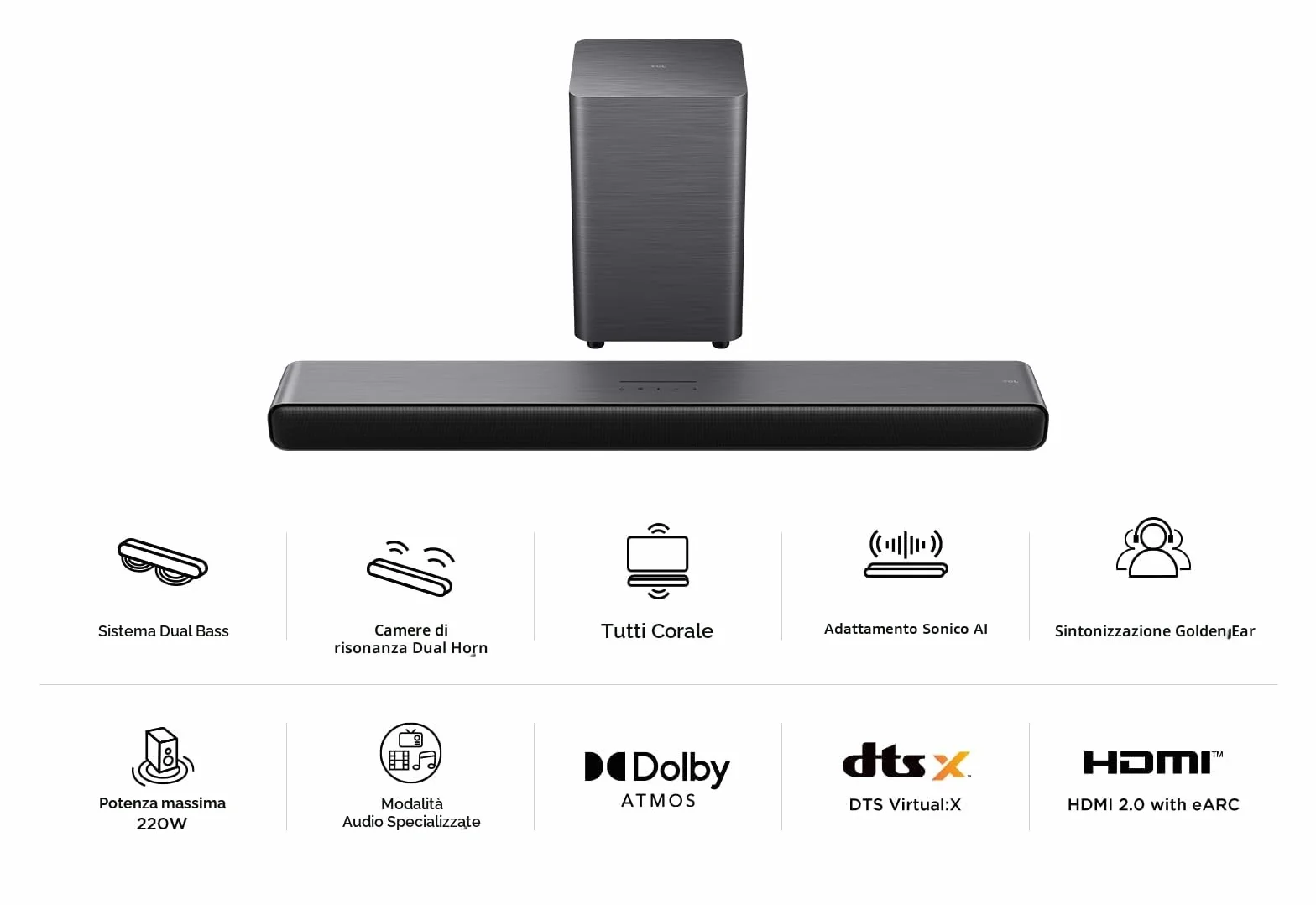TCL S55HE Soundbar 2.1 220W Dolby Atmos DTS Virtual:X wireless subwoofer Bluetooth 5.3 HDMI eARC