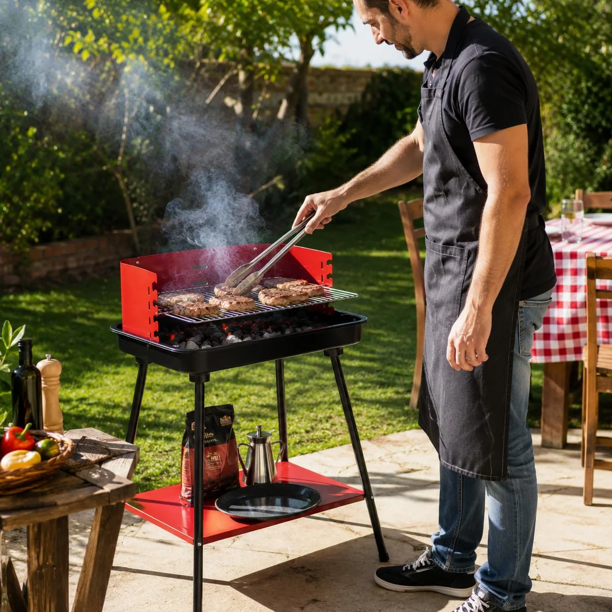 Barbecue Carbonella Rettangolare Stabile 4 Posizioni Cottura Griglia Cromata Rimovibile 53x34,5 cm Acciaio Carbonio