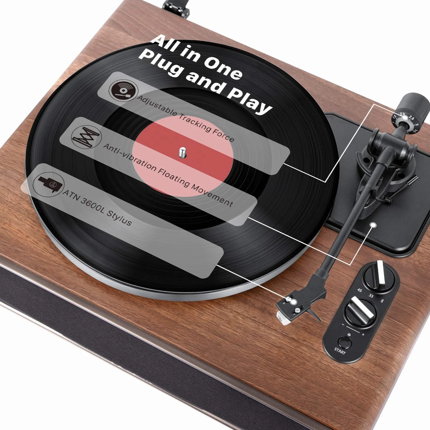 1 BY ONE Giradischi Vinili a Cinghia Hi-Fi con Altoparlanti Incorporati, Cartuccia Magnetica, Bluetooth, Aux-In, Auto-Off