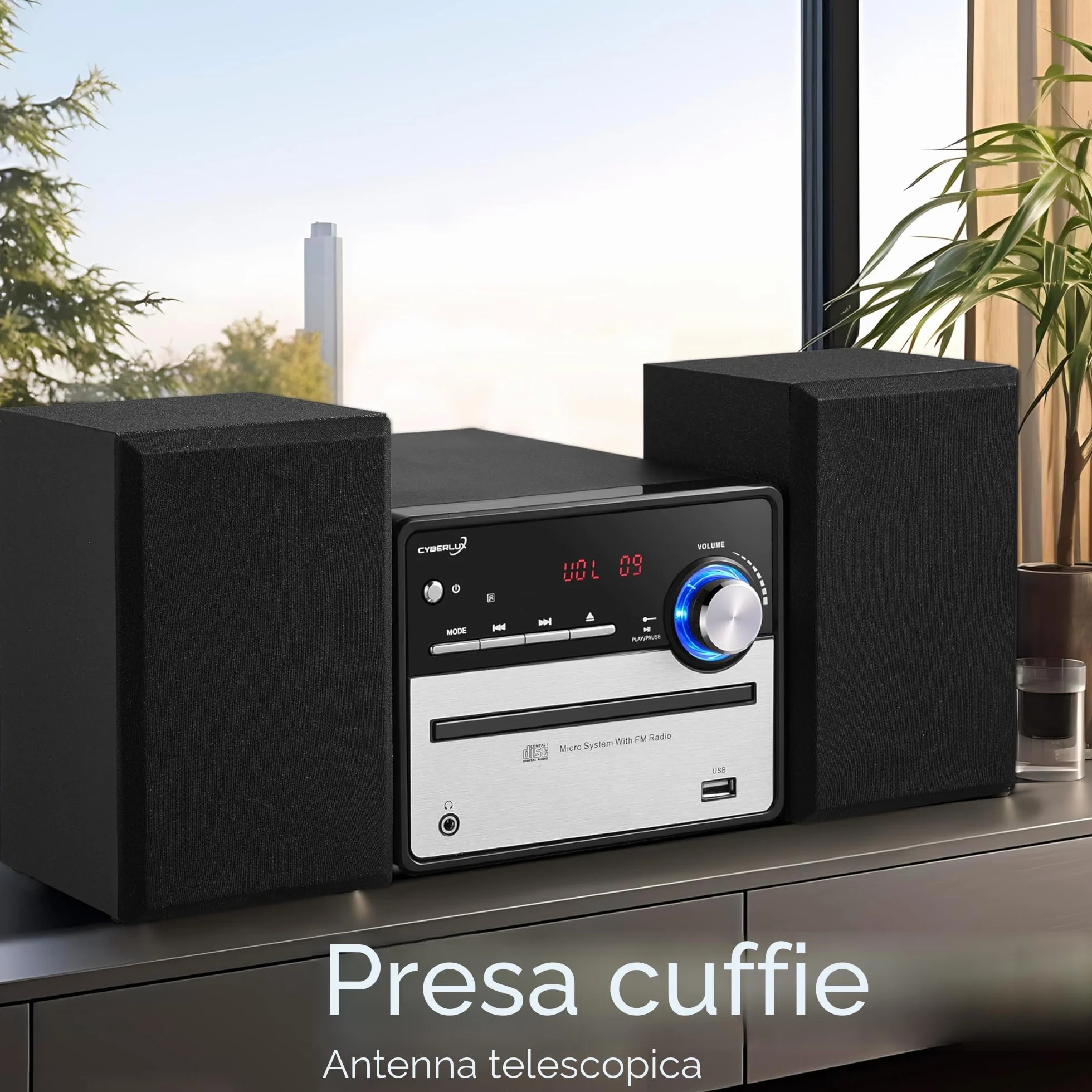 Cyberlux Impianto musicale retrò HiFi stereo compatto USB Line Out CD/MP3 Radio FM Display LED