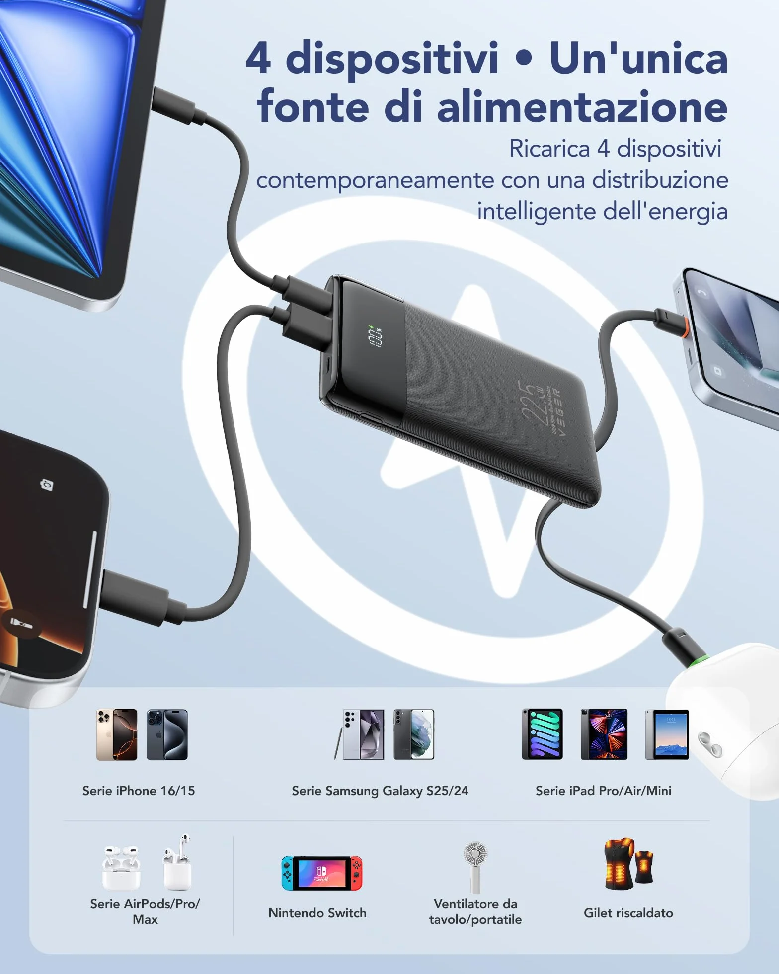 VEGER 10000mAh Power Bank 22.5W Ricarica Rapida USB C LED Display 4 Uscite 3 Ingressi Compatibile iPhone Huawei Xiaomi