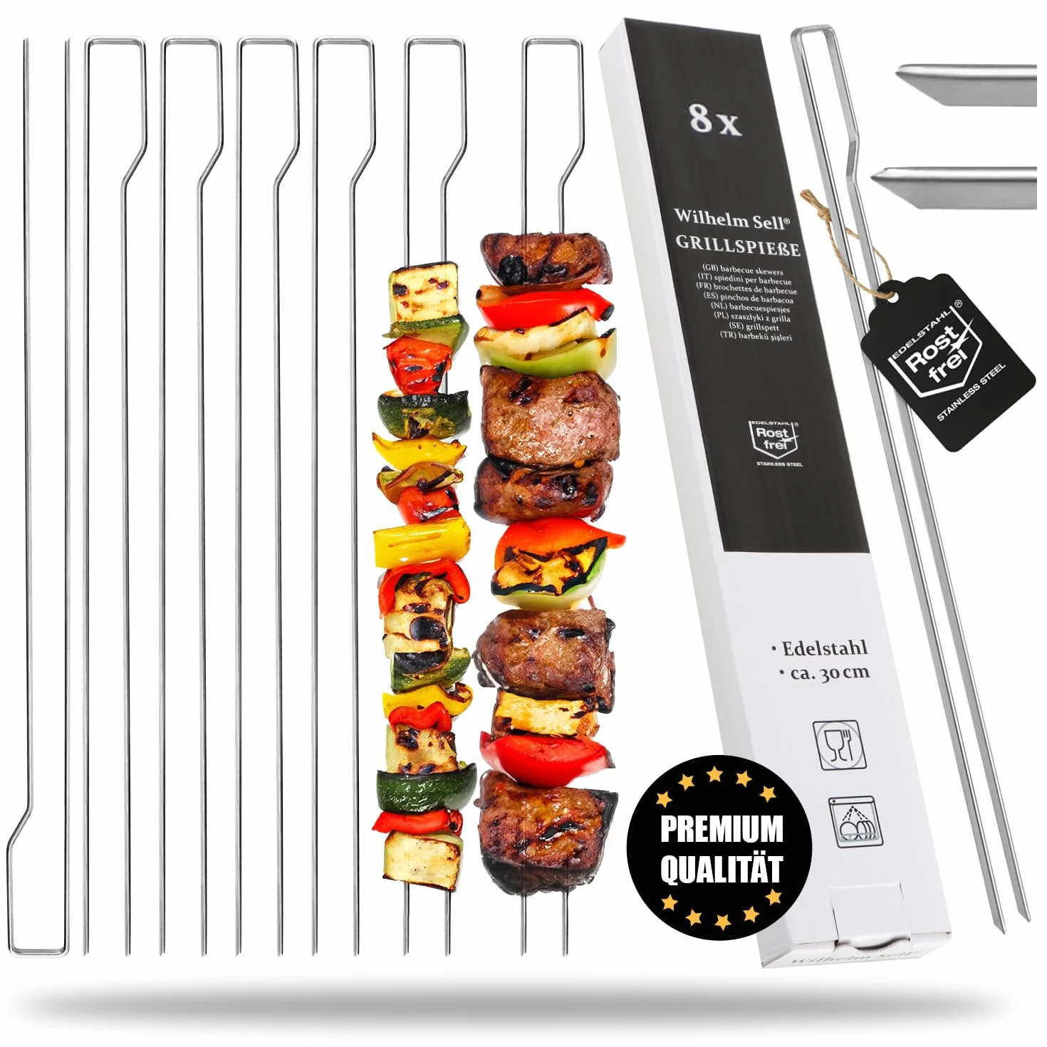 8X Spiedini BBQ 4 mm – Spiedini Doppi Super Resistenti in Acciaio Inox 430, 30 cm – con Manico per Carne, Pesce & Verdure – Fissaggio Sicuro, Massimo Divertimento alla griglia