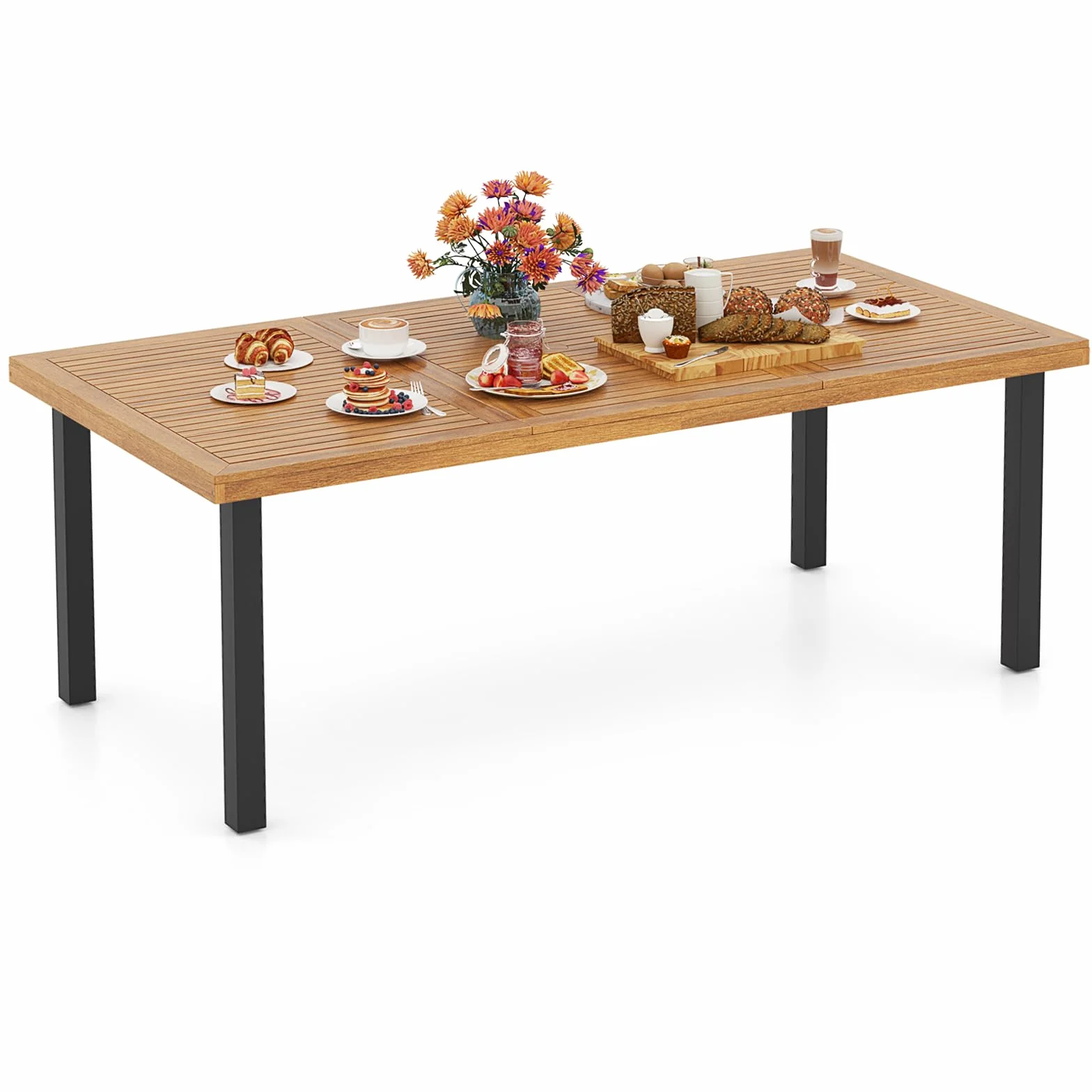 KOMFOTTEU Tavolo da Giardino con Foro per Ombrellone, Tavolo da Pranzo in Legno di Acacia, Tavolo Rettangolare per 8 Persone, 200 x 100 x 75 cm, per Esterni, Balcone, Cortile, Patio (Modello C)
