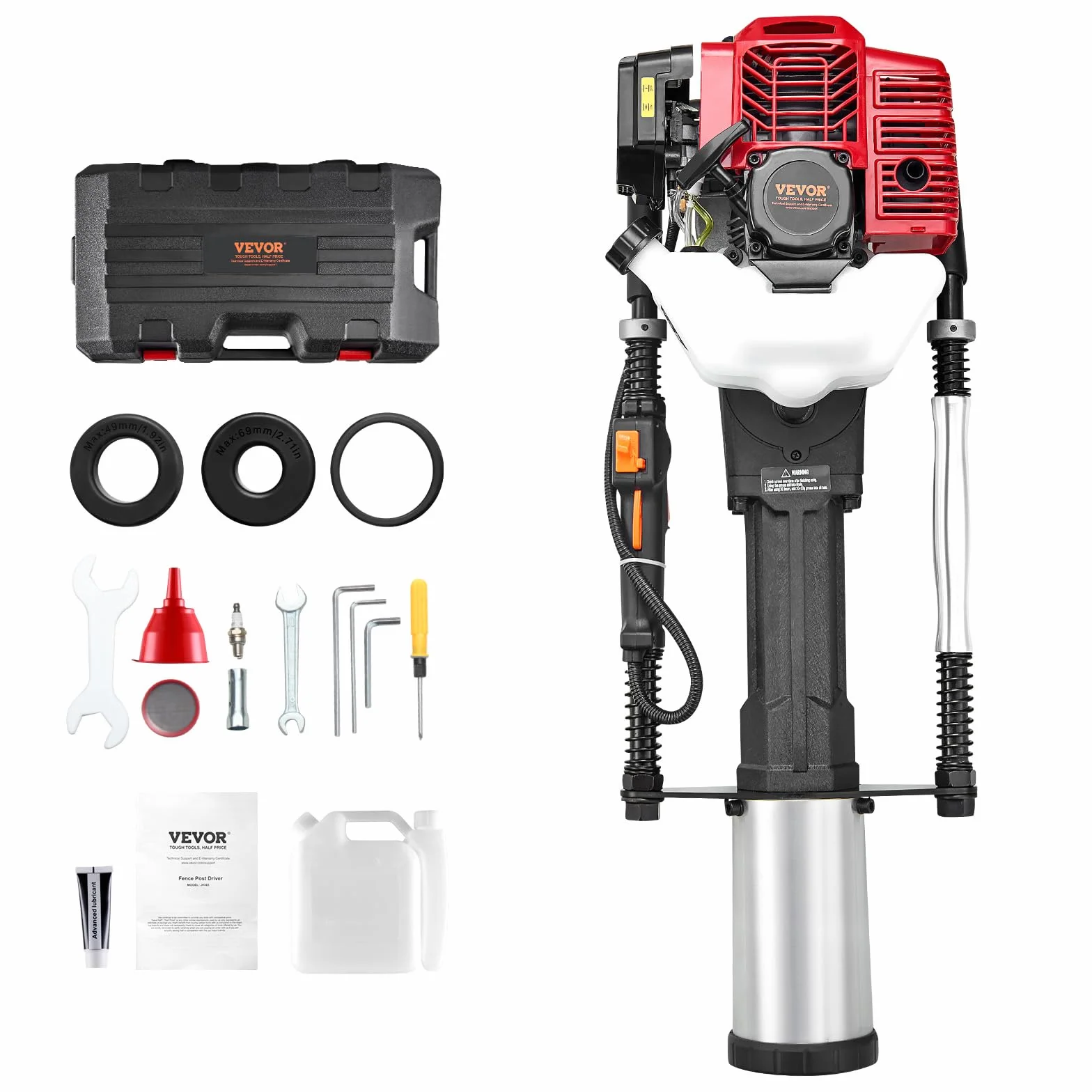 VEVOR 52cc Battipalo a Benzina a T, Battipalo per Recinzioni a Benzina con Motore 2 Tempi, Battipalo Portatile 1400 W con Testa di Guida 3 Pali (49/69/100 mm), per Fattorie, Recinzioni per Ranch
