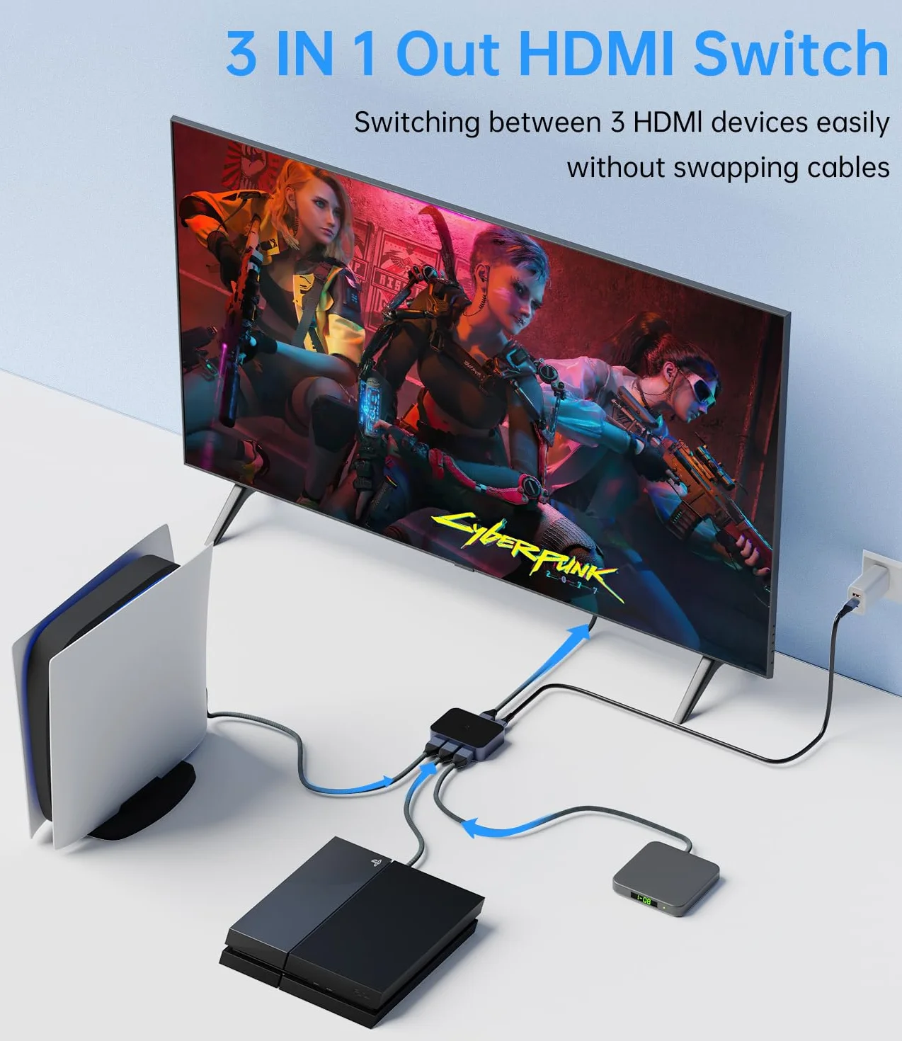 Switch HDMI 2.1 8K@60Hz 4K@144Hz 48 Gbps 3 in 1 Out HDR Dolby Atmos UHD HDCP PS5 Xbox