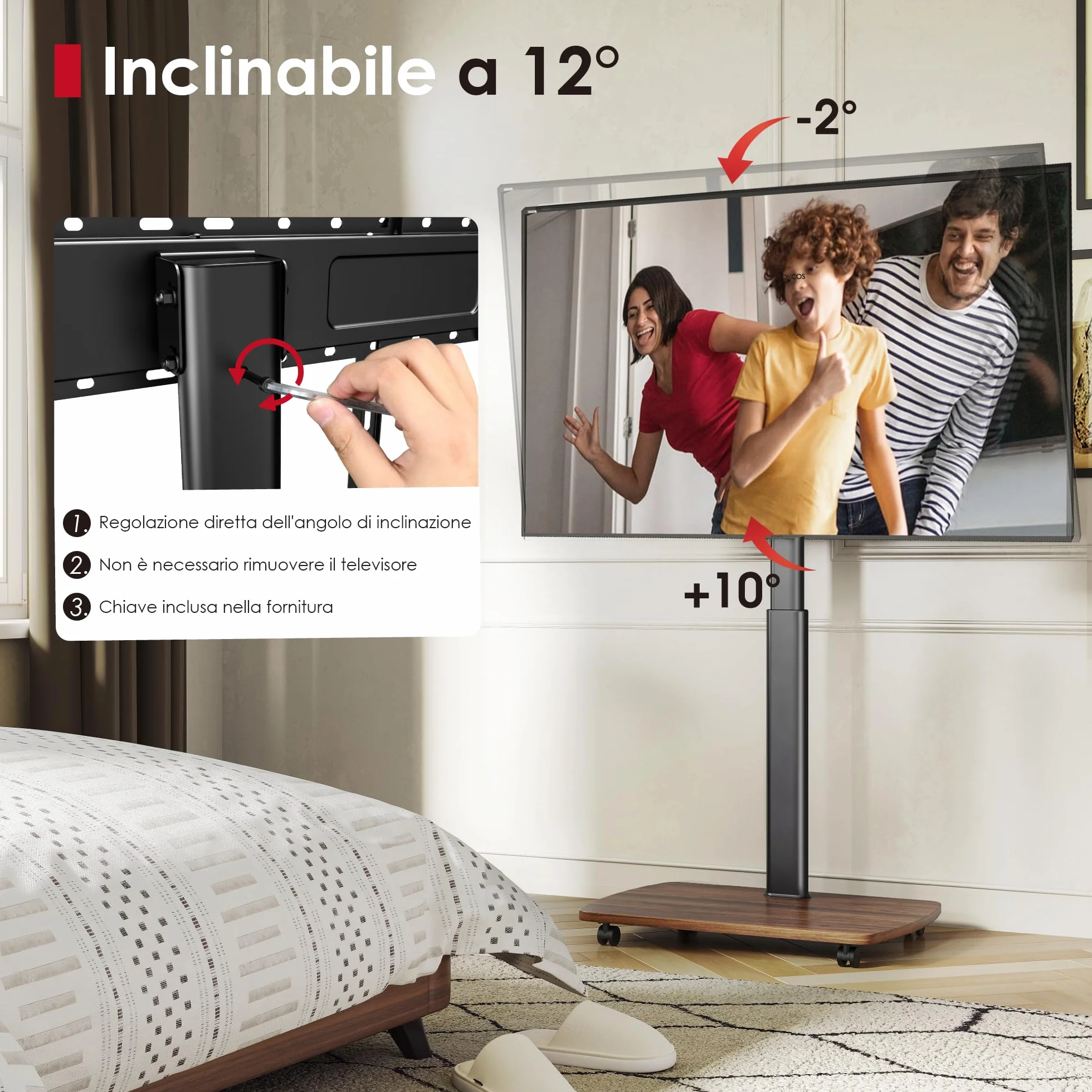 AOKCOS Carrello Porta TV con Ruote per 43-75 Pollici, Supporto TV da Pavimento Girevole e Regolabile in Altezza, Inclinabile, Base in Legno, VESA 600x400mm 50kg