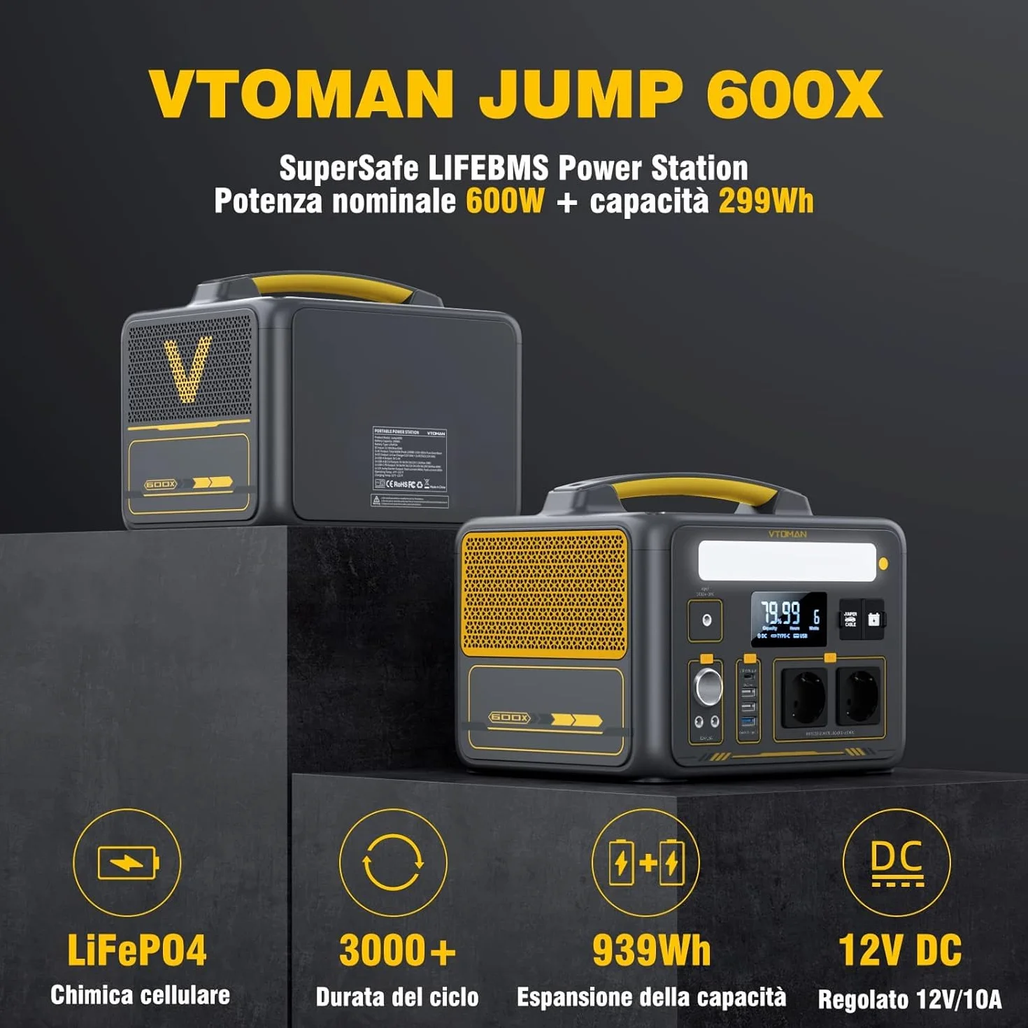 VTOMAN Jump 600X Centrale Elettrica Portatile - 600W/299Wh LiFePO4 Batteria Power Station Generatore Solare, Capacità Espandibile a 939Wh, per Campeggio, Emergenza, Viaggio
