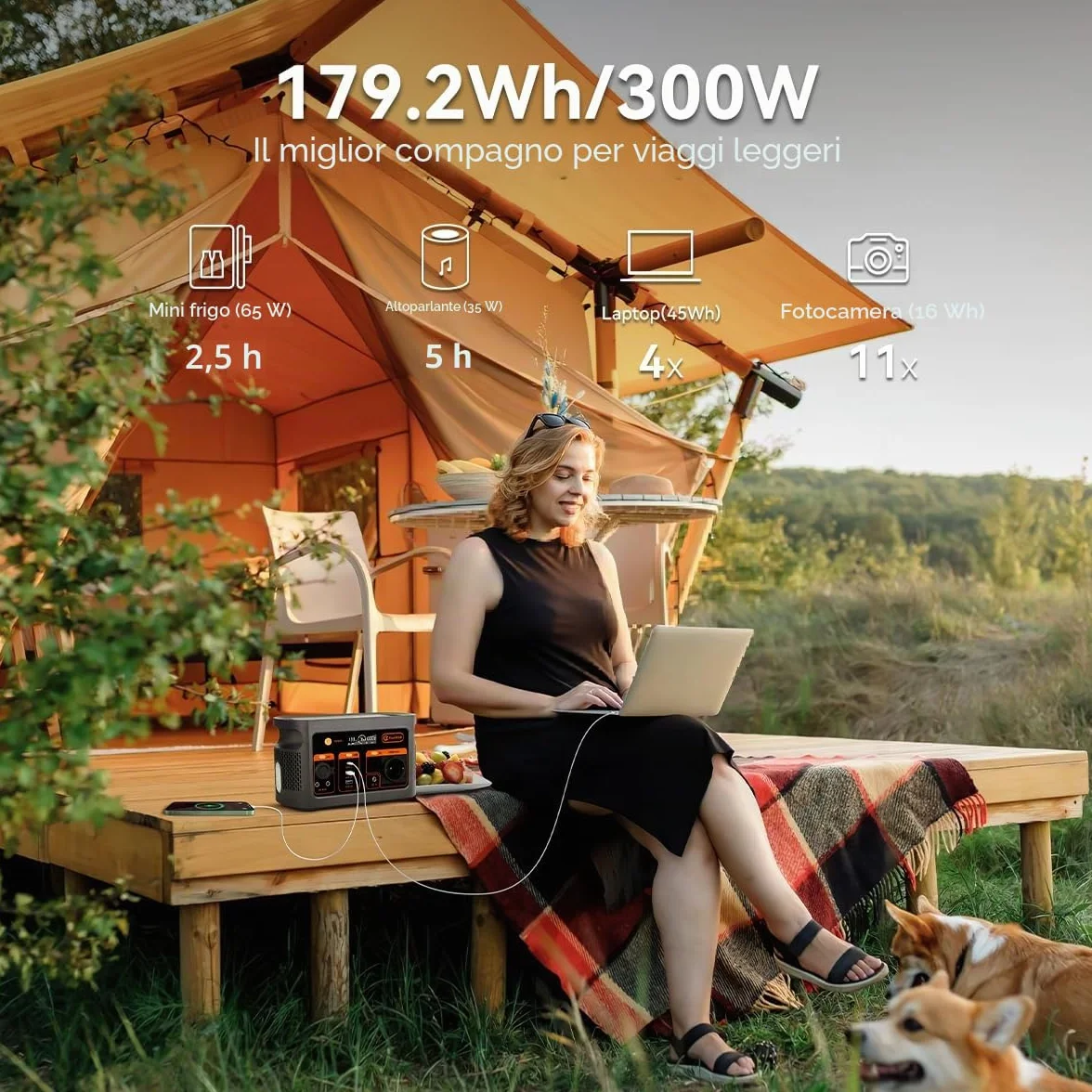 FlashFish 300W Stazione di alimentazione portatile con pannello solare 100W, batteria LiFePO4 da 179,2Wh, ricarica rapida 0–80% in 1 ora, funzione EPS, generatore solare multifunzionale per campeggio
