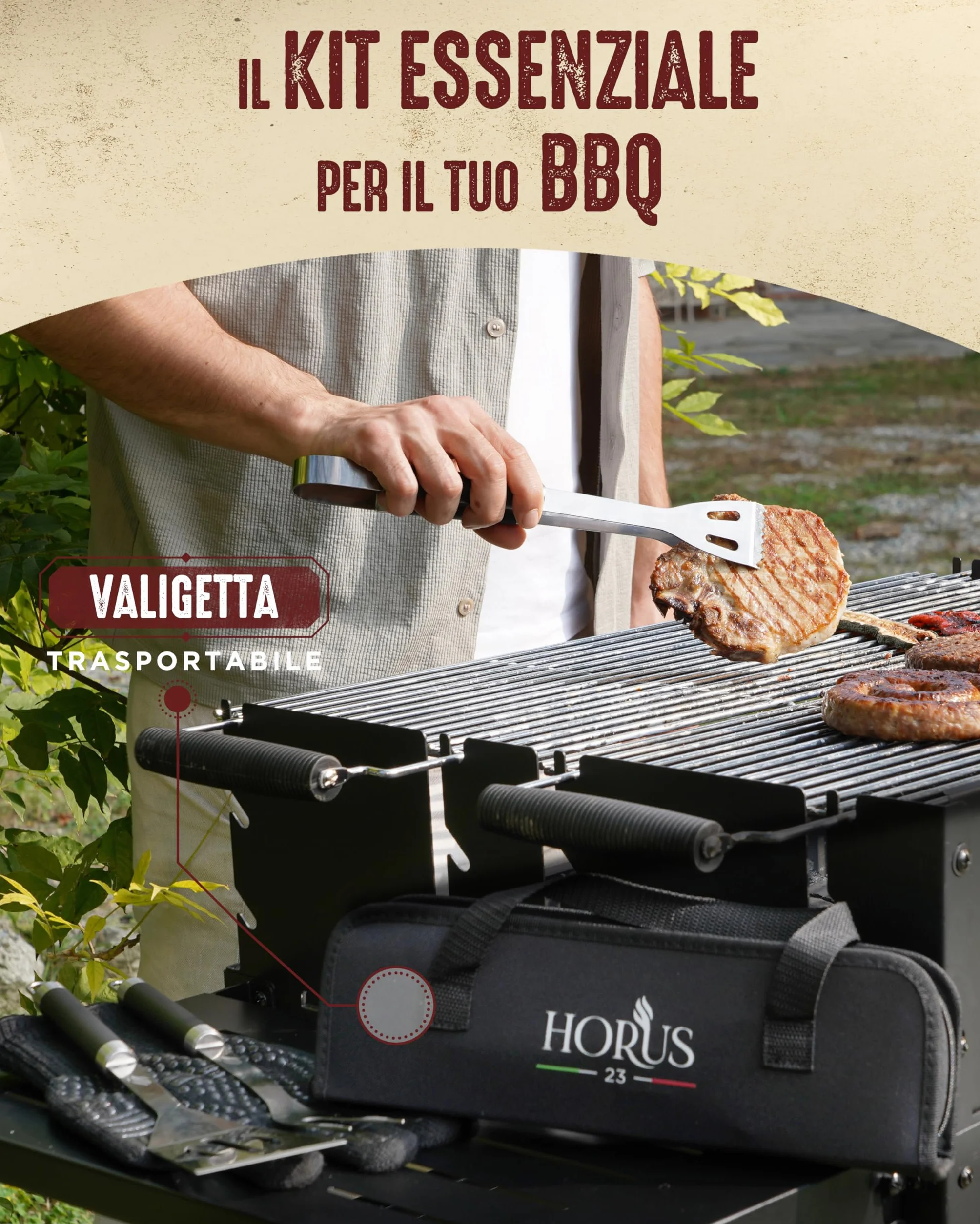 HORUS 23® - Set Accessori Barbecue Professionale con Borsa Porta Attrezzi Barbecue - 4 Accessori BBQ: Pinze, Spatola, Forchettone e Guanto Ignifugo