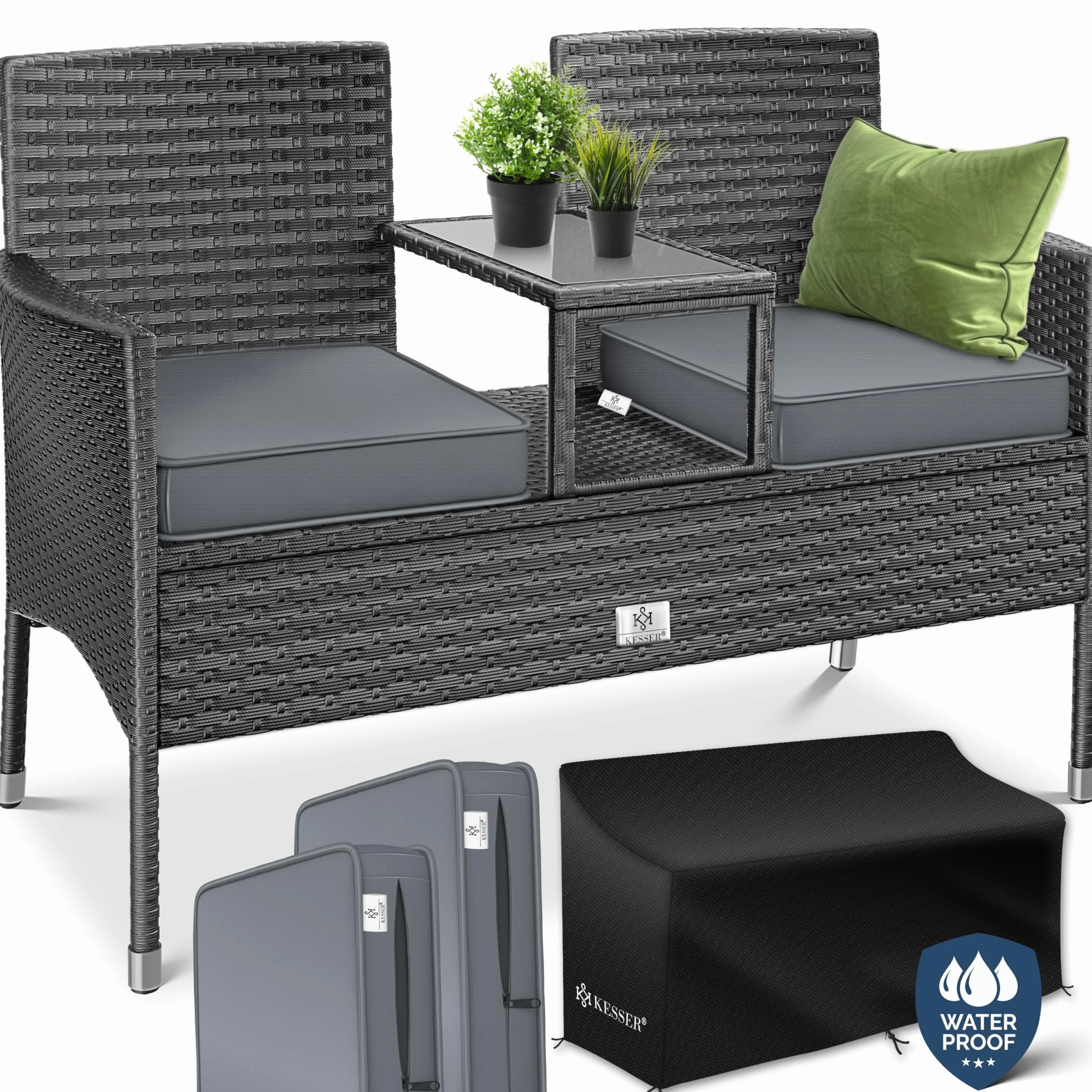 KESSER® Panca da giardino in polyrattan con tavolo integrato + cuscini, 2 posti, 133 × 55 × 84 cm, Panca in rattan, Giardino, Balcone, Divano da giardino - Resistente alle intemperie, Antracite