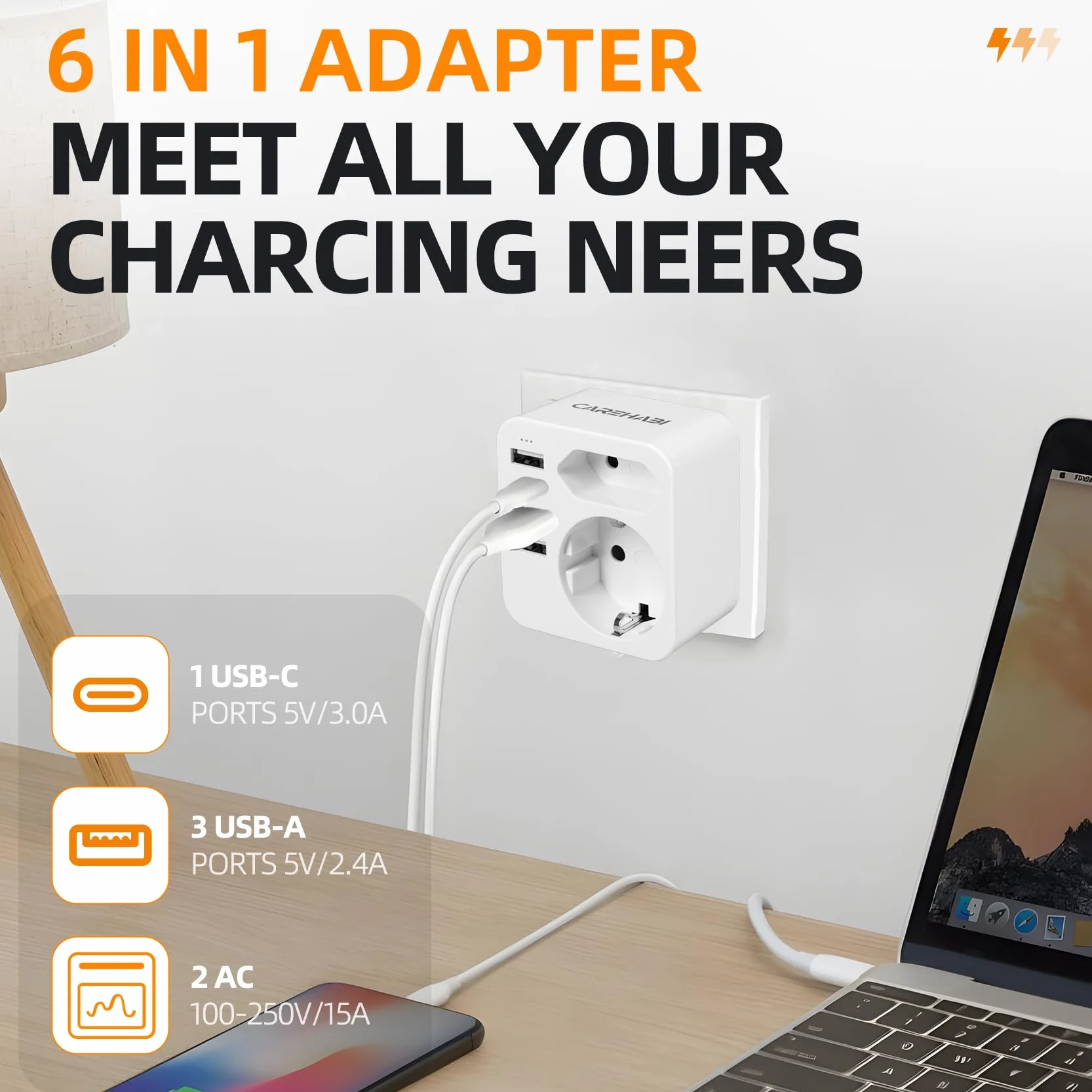 Adattatore di viaggio Australia Cina Italia 3 USB C + 1 USB-C per Nuova Zelanda Argentina