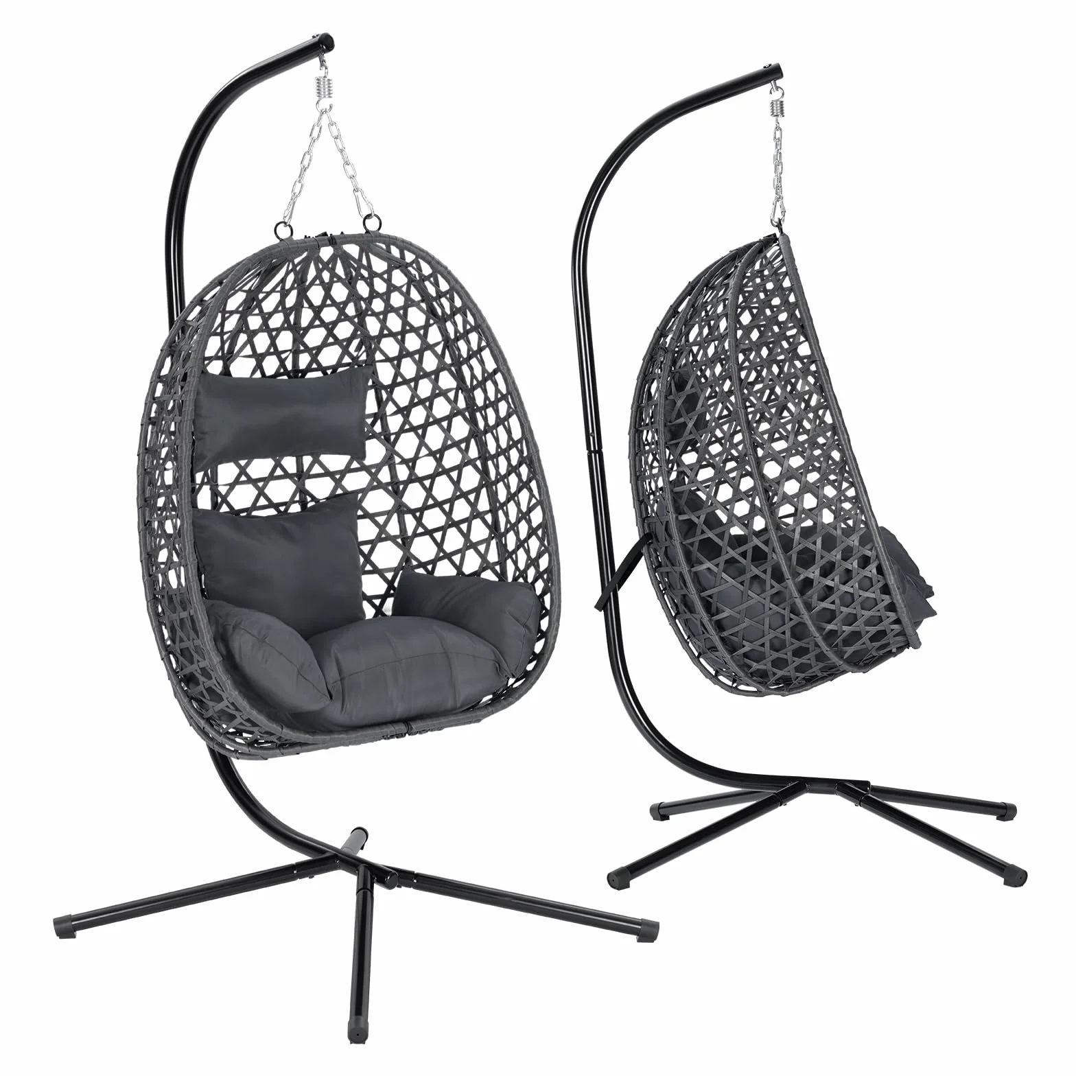 WOLTU Poltrona Sospesa a Uovo con Supporto in Metallo, Cuscino e Poggiatesta, Rattan PE, 102x100x196 cm, Grigio