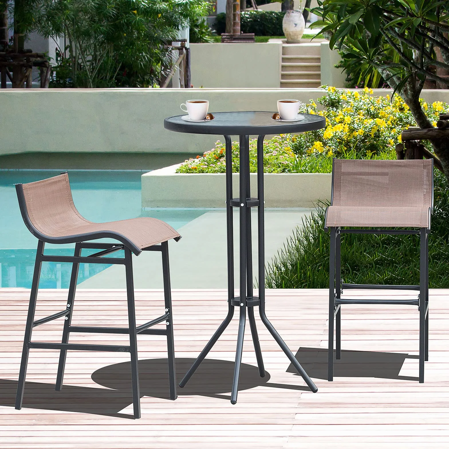 Outsunny Set da Bar/Ristorante 3 Pezzi: 2 Sgabelli (40.5x50x82cm) 1 Tavolo Vetro Temperato (Φ60x102cm), Nero e Marrone