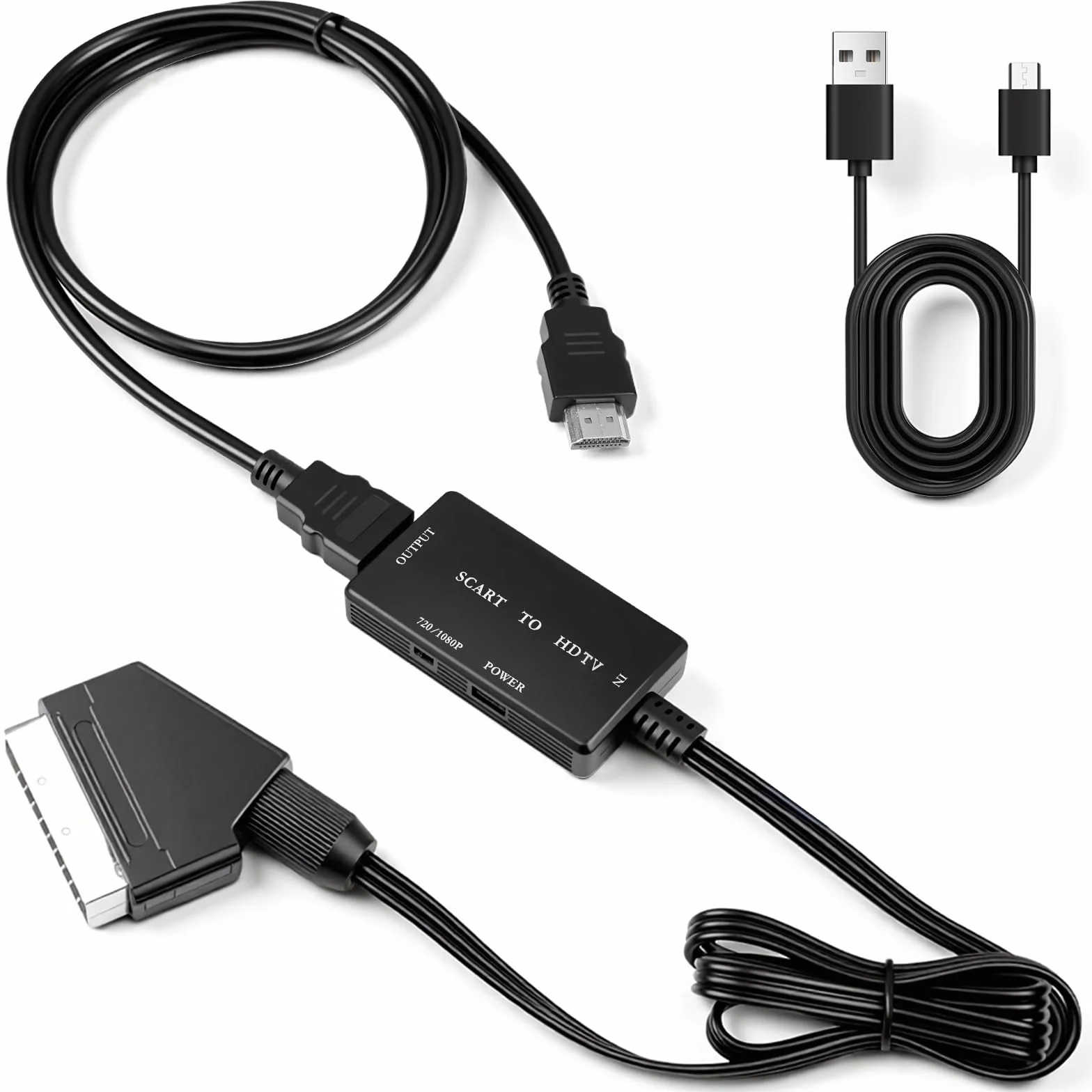 Adattatore SCART a HDMI 1080P, convertitore con cavo HDMI per TV, DVD, VHS, Xbox, PS2, PS3, nero