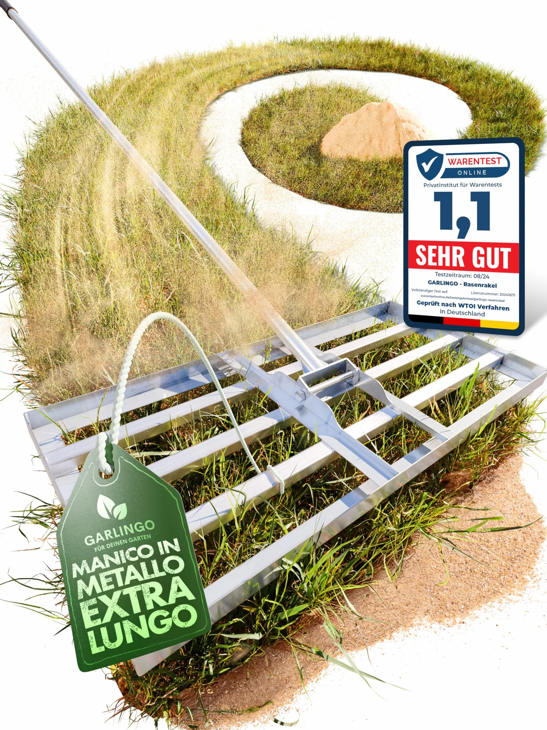 GARLINGO Rastrello per prato | 75 x 35 cm | incl. 1,7m di ASTETTO in metallo | Rastrello per prato per sabbiare il prato, livellare la sabbia del prato, aeratore Rasen Leveling rake