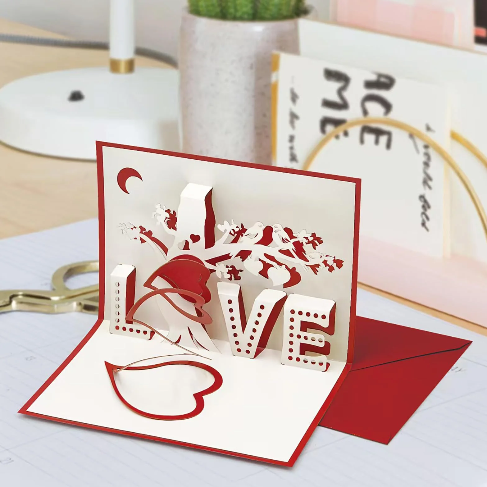 Cartolina D'Amore 3D Piega Rosso con Love Rigido Motivo Cuore San Valentino Biglietto Regalo Pop-Up Anniversario per Lei