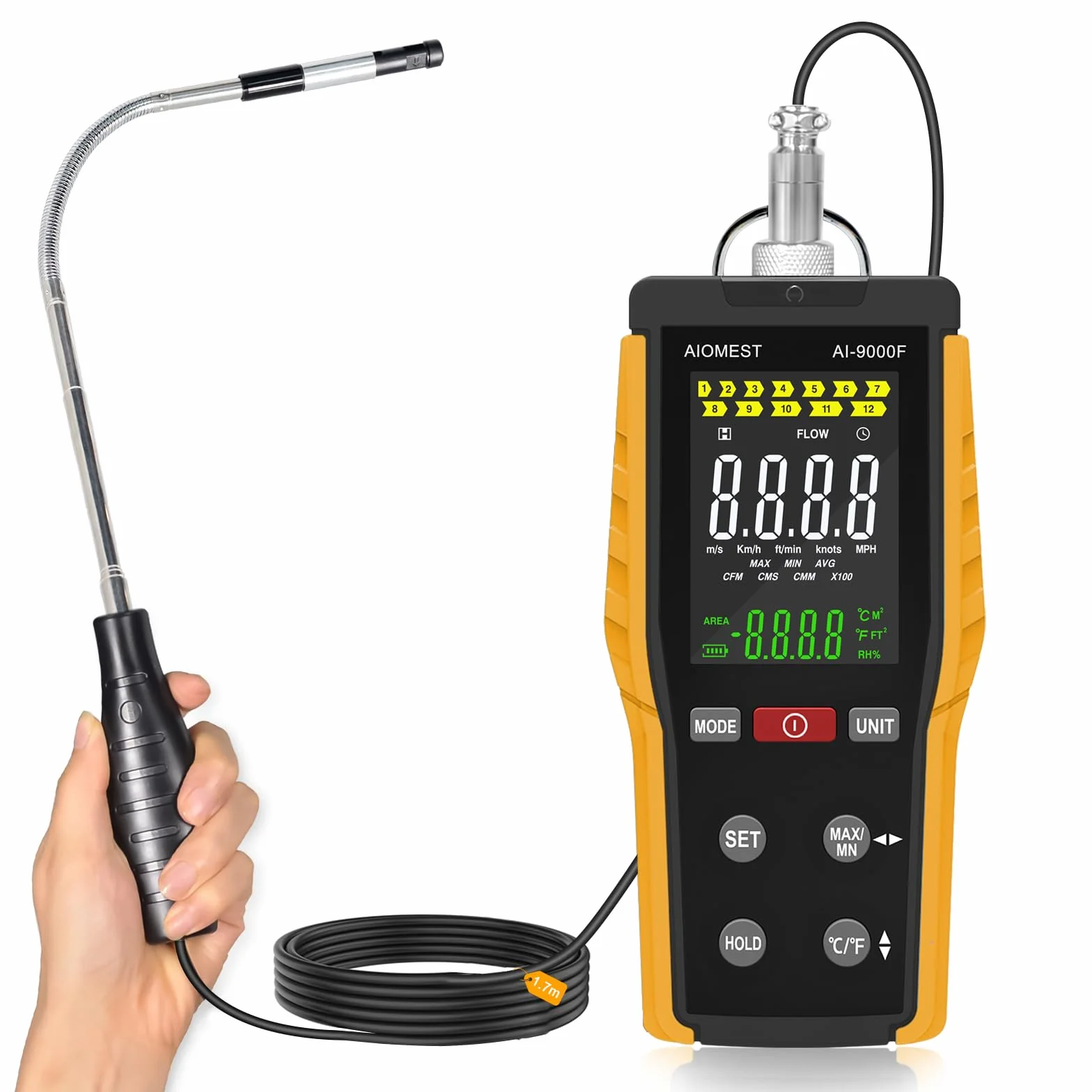 Anemometro Portatile Misuratori del Vento, AIOMEST Misuratore Portata Aria CFM Termico per Velocità Vento e Temperatura, per Condotti, HVAC Ventilazione Canali, Anemometer a filo caldo AI-9000F