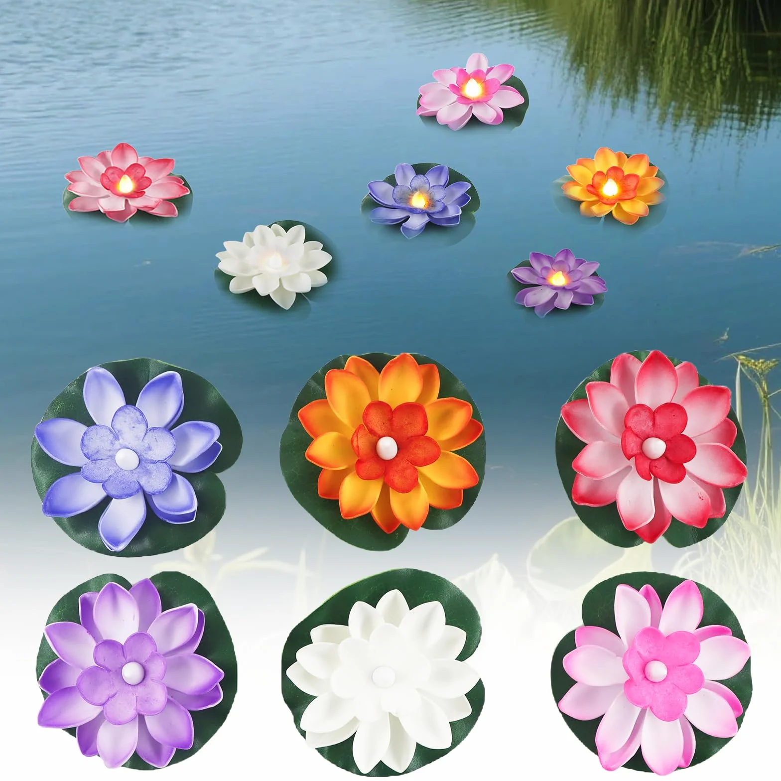 Confezione da 6 fiori galleggianti a LED, lanterna galleggiante con ninfee artificiali, fiori galleggianti, fiori di loto galleggianti, ninfee di fiori di loto, per laghetto da giardino, patio