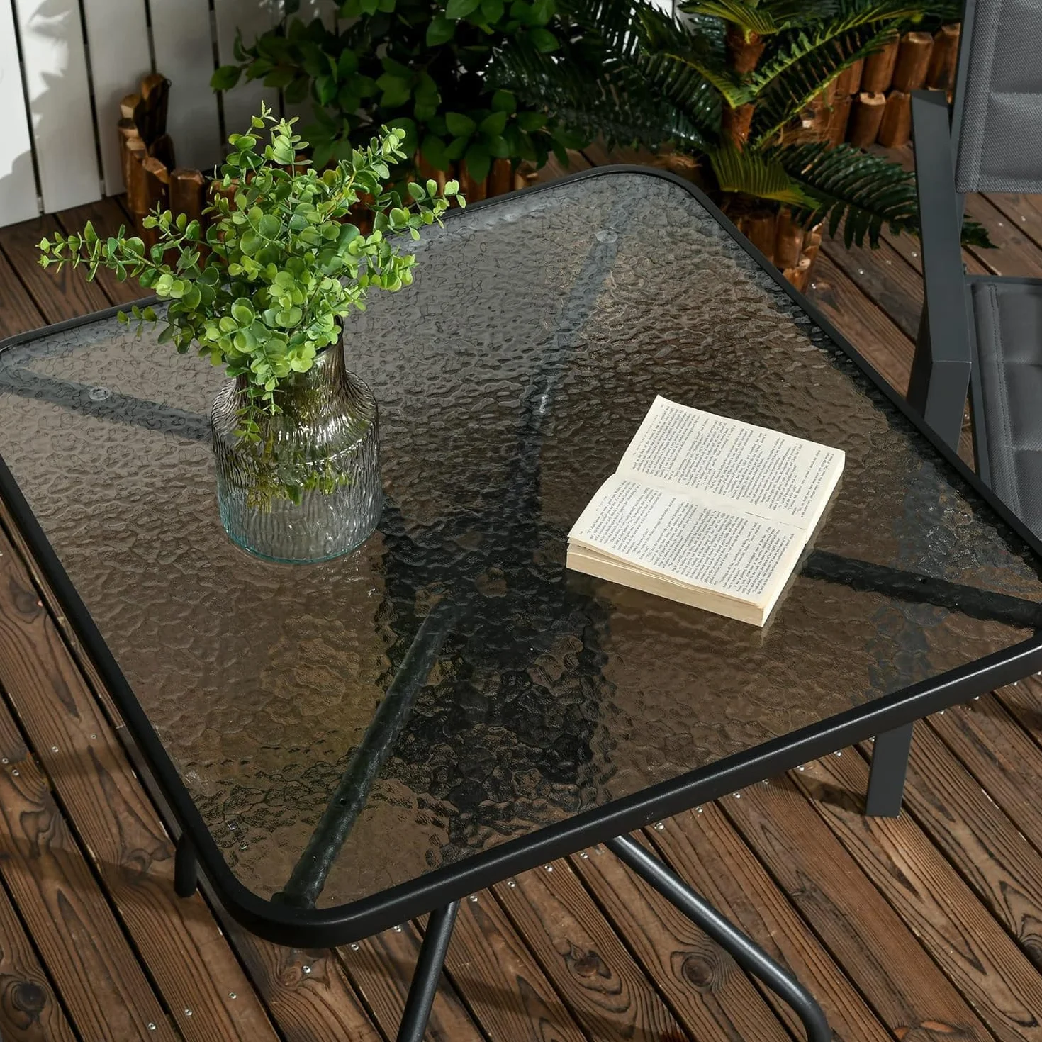 Tavolo Quadrato 60x60 cm Giardino Balcone Vetro Temperato 4 mm Acciaio Nero Interno Esterno