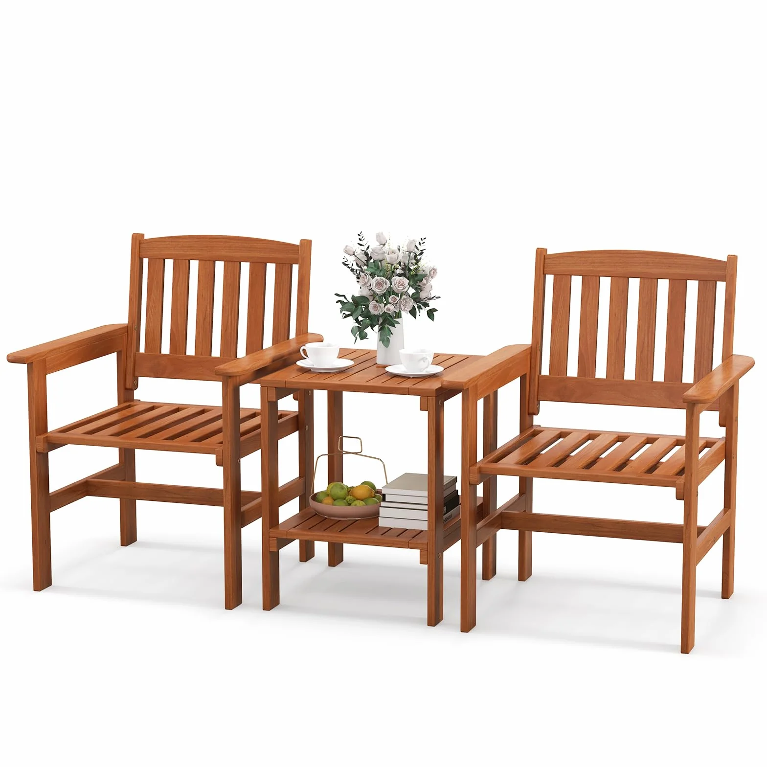 COSTWAY Set di 3 Pezzi da Giardino, Tavolino e 2 Sedie da Patio in Legno, con Foro per Ombrellone, Set di Mobili da Esterno a 3 Pezzi per Giardino, Tavolino Portato 35 kg, Sedia Portata 120 kg