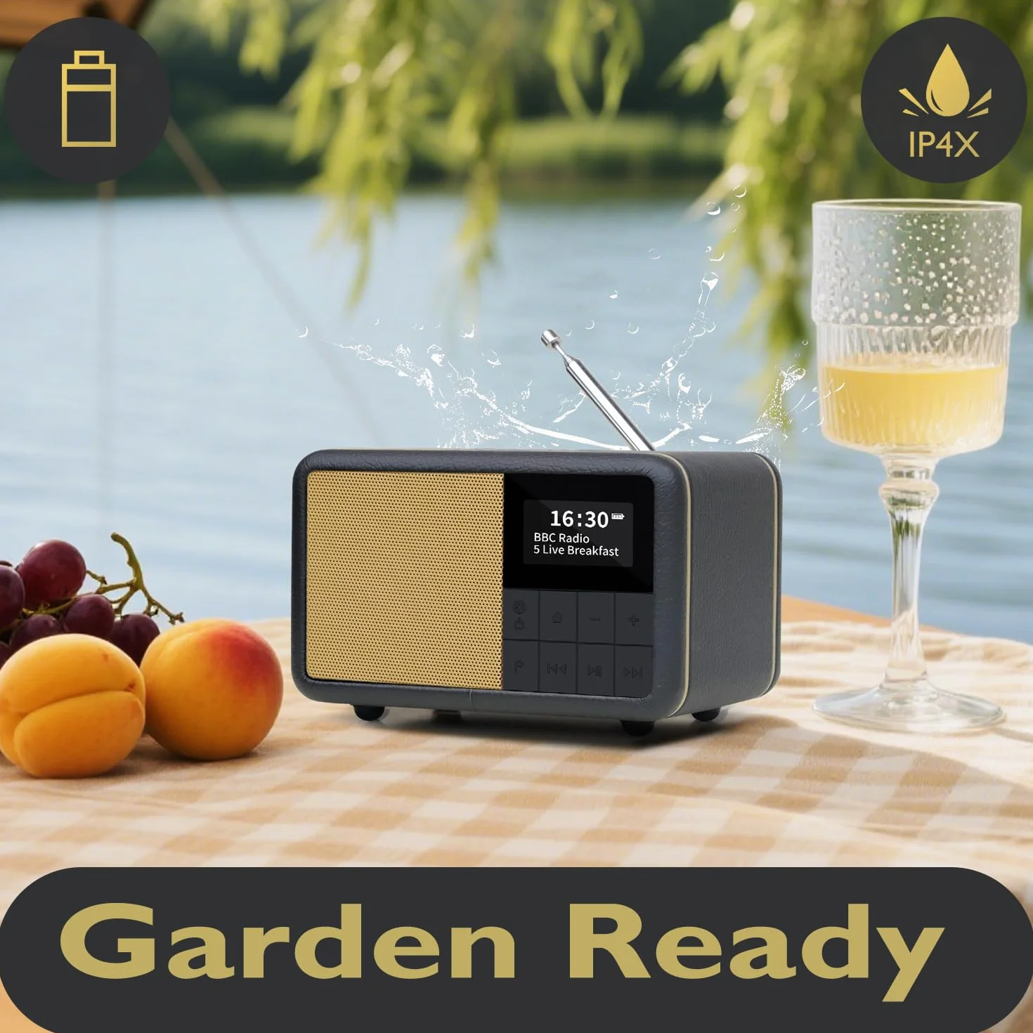 LEMEGA CR7 Mini Radio DAB+ Portatile Bluetooth 12h Autonomia FM IPX4 Impermeabile Custodia Legno Pelle Sveglia Sleep Timer 40