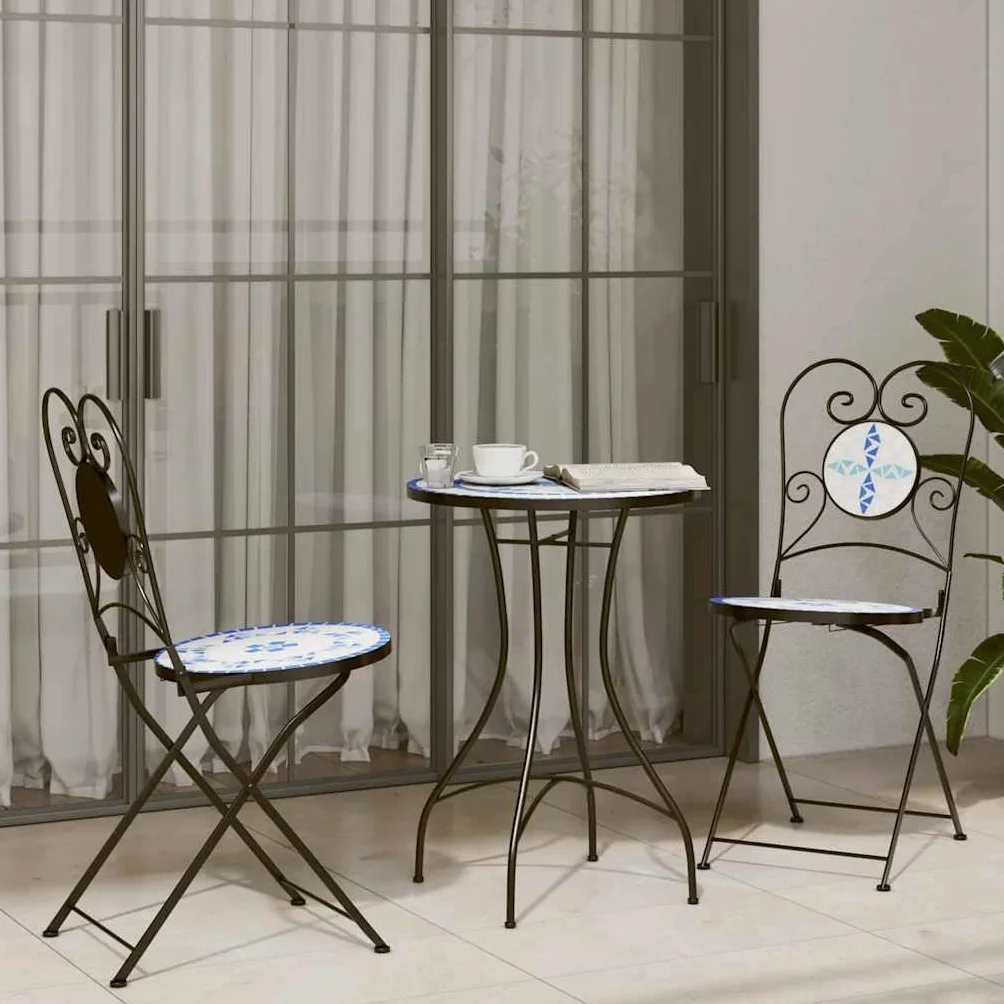 Generico Set da Bistrot con Mosaico Blu e Bianco in Ferro e Ceramica,Set da Giardino