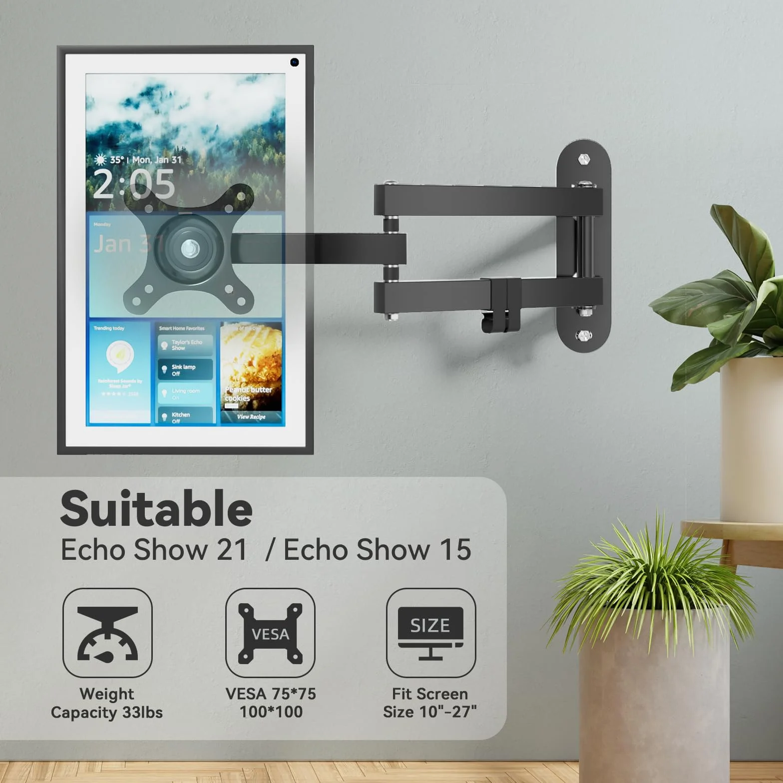 Alexa Echo Show 15 Supporto da parete per Amazon Echo Show 21, 15,6", 53,3 cm, girevole e inclinabile