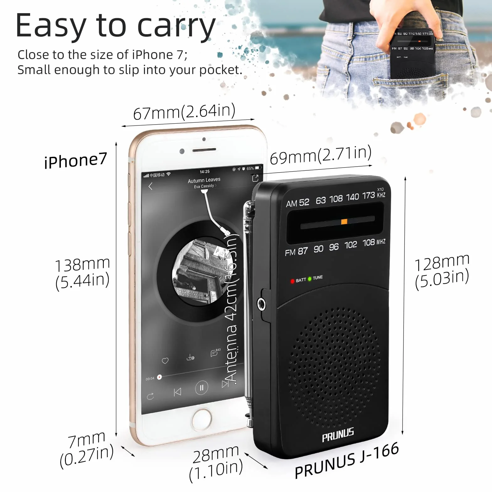 PRUNUS J-166 Radio Portatile FM/AM, Mini Radio a Pile, Eccellente Ricezione, Nero