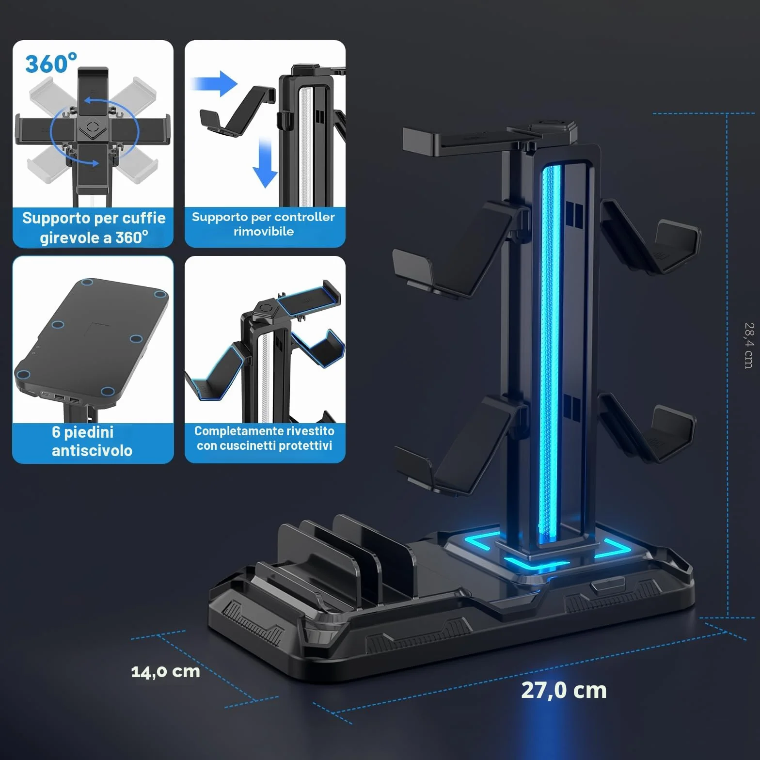 KDD Porta Cuffie da Scrivania con Supporto Telefono, Stand Cuffie Gaming Nero, Porta Controller Staccabile 9 Modalità Illuminazione, USB