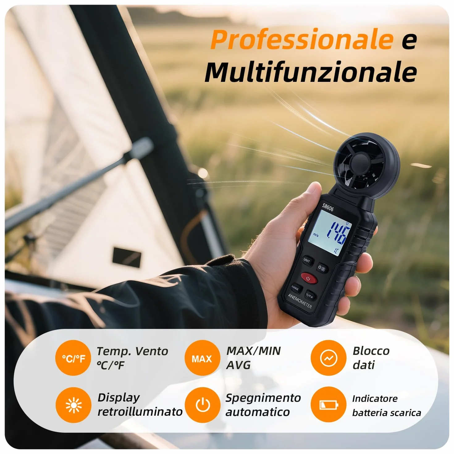 Anemometro Portatile 3 in 1 Misuratore di Velocità del Vento per Esterni Nela Surf Volo