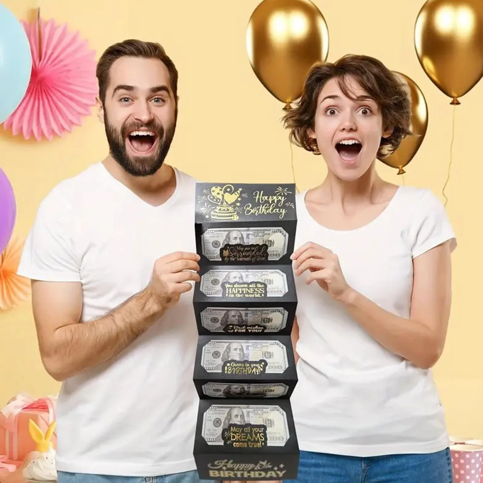 Biglietto Auguri Compleanno con Busta, Nero Oro, per Regali in Contanti