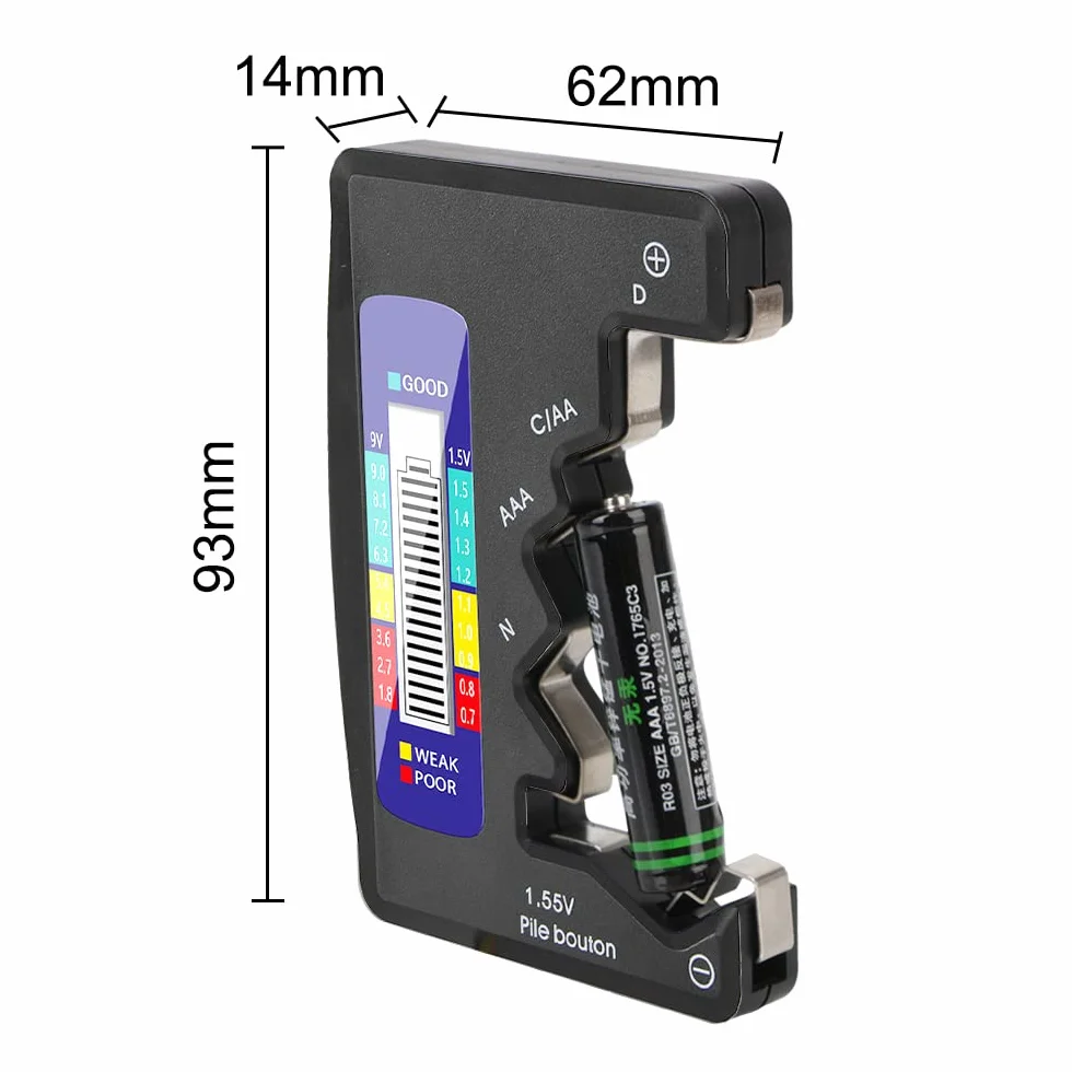 DollaTek 1.5V 9V Digital Battery Tester universale per AA AAA LR44 - Nero