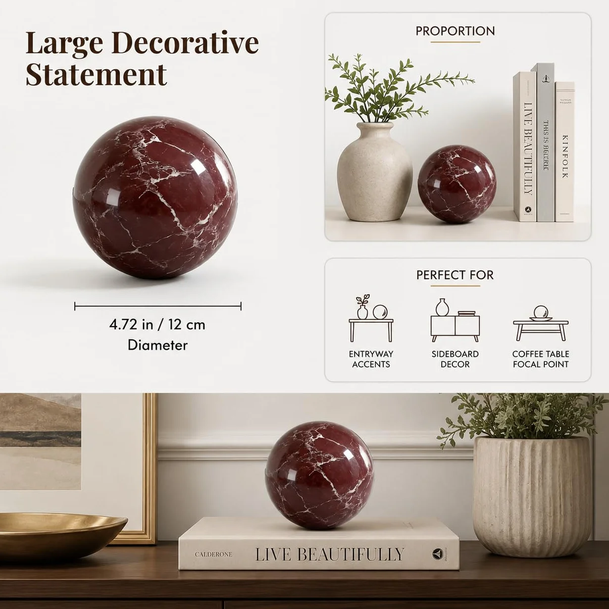 Rosa Levanto - Set di sfere decorative in marmo naturale, sfere in pietra massiccia per decorazione domestica, camera da letto, ingresso, hotel, sala da pranzo (diametro 12 cm)