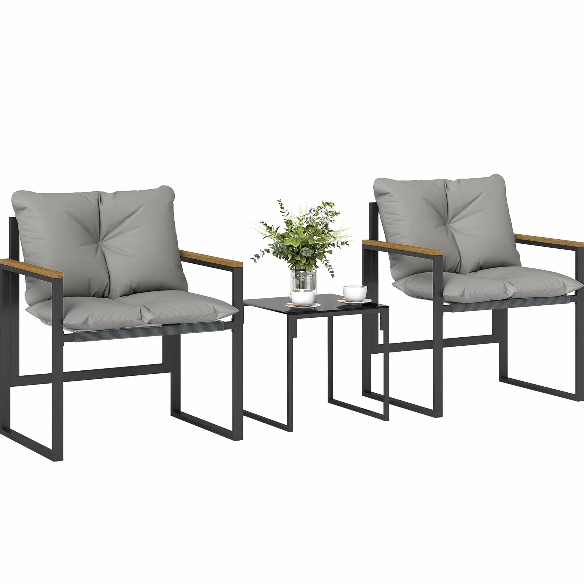 Outsunny Set da Bistrò da 3 Pezzi, Set da Giardino con 2 Sedie Texteline, Tavolo Vetro Temperato, Cuscini Spessi, Braccioli Decorativi, Set di Mobili da Giardino in Metallo, per Patio Balcone, Grigio