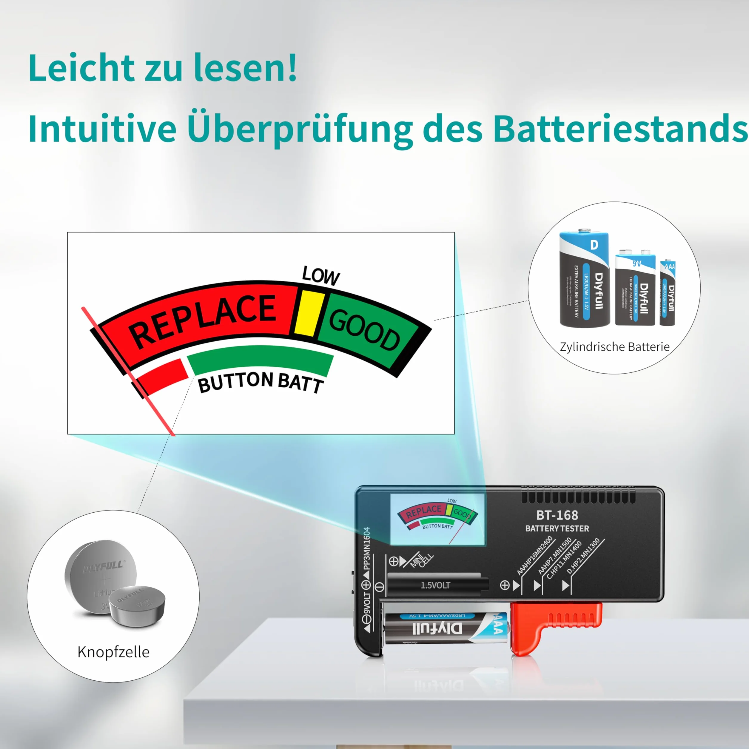 Dlyfull Tester per batteria universale AA AAA C D 9V, misuratore veloce per batterie 1,5V e a bottone