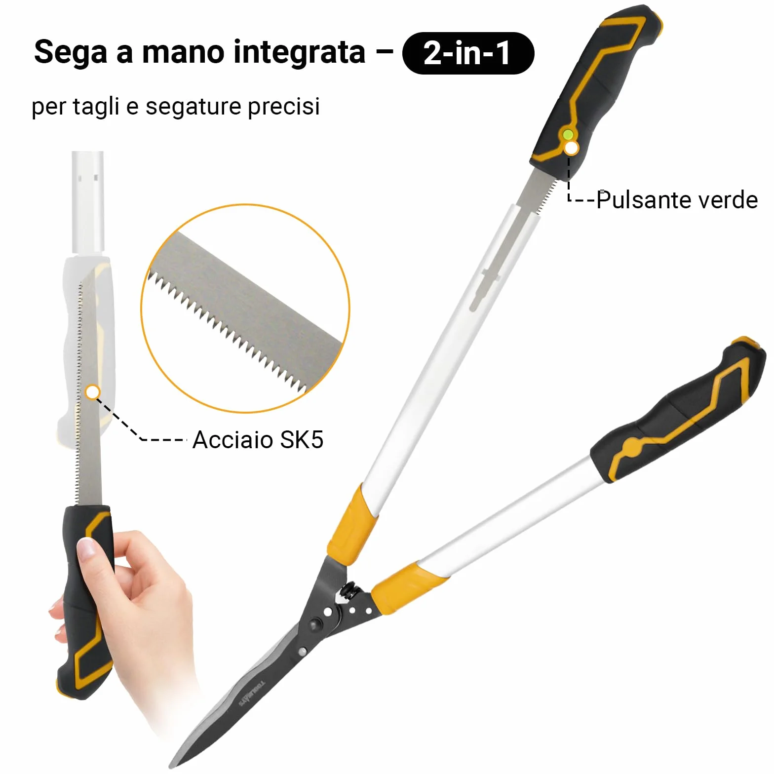 Tagliasiepi 78 cm, cesoie da giardino con sega a mano da 21 cm, cesoie professionali manualmente con design a testa angolata di 20°