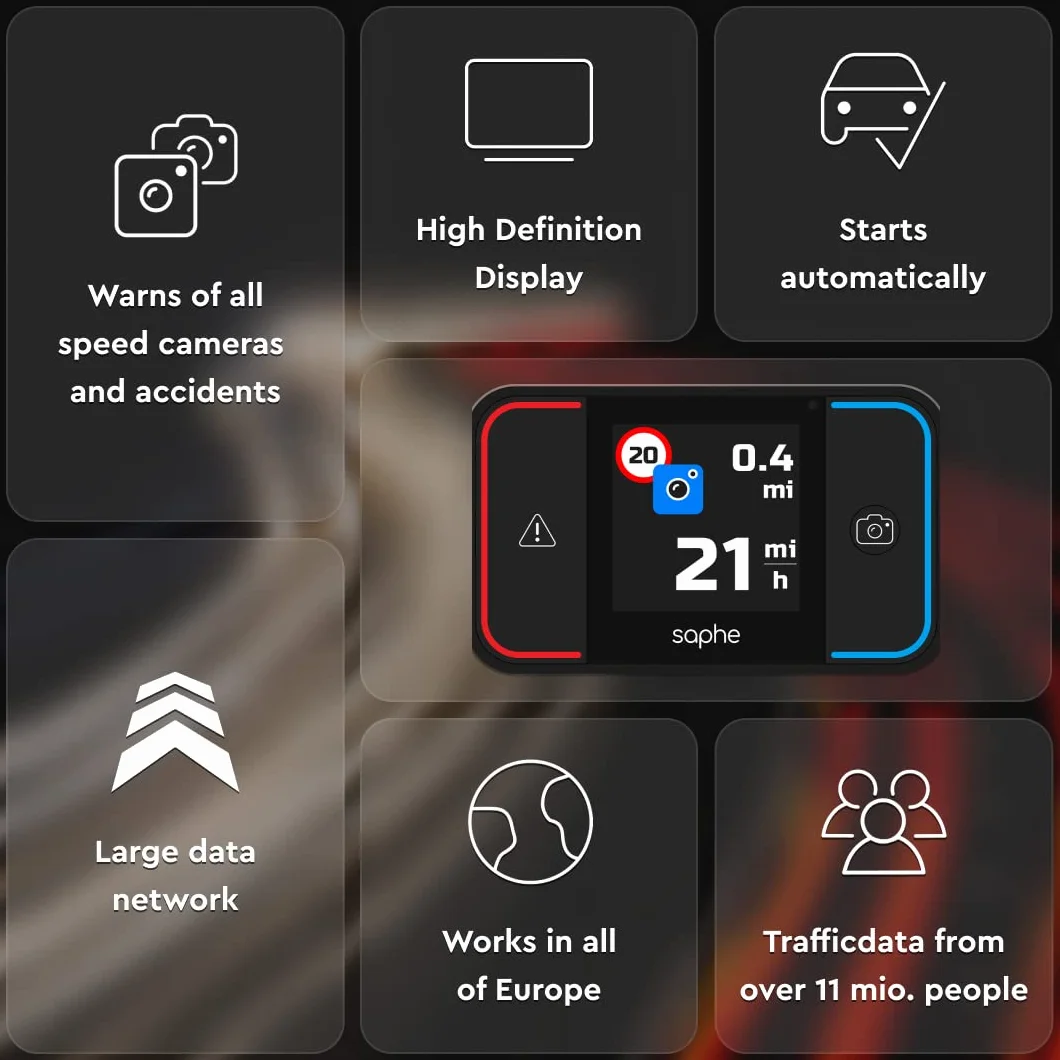 Saphe Drive Pro Rivelatore Autovelox con Display a Colori, Bluetooth, Accessori Auto