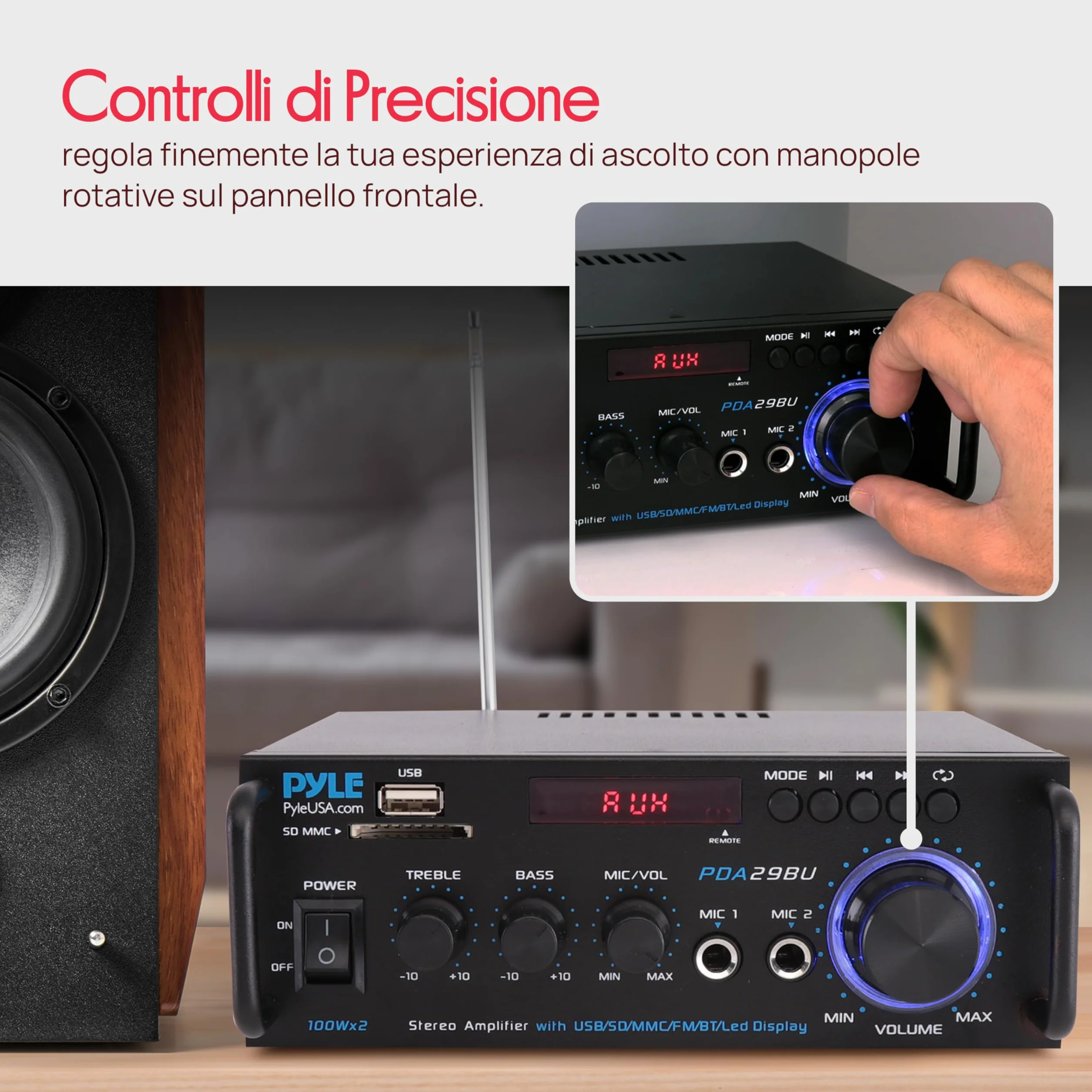Pyle Preamplificatore Phono, Amplificatore Audio Stereo Wireless Bluetooth 200 Watt, Doppio Canale, RCA, USB, SD, Microfono, Radio FM
