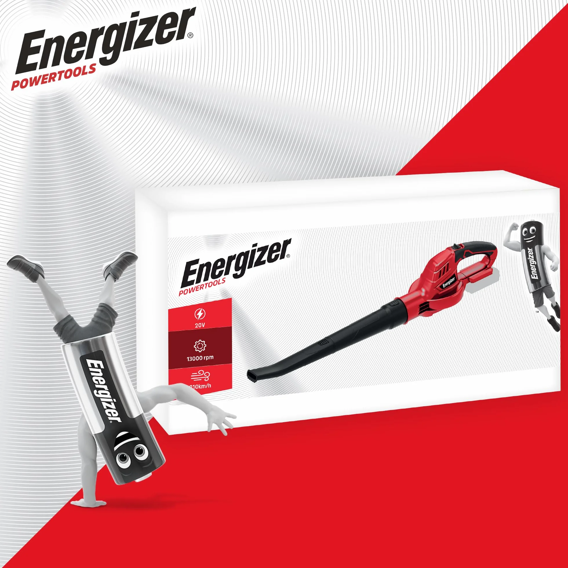 Energizer Soffiatore di foglie senza fili 20 V, velocità aria 210 km/h, portata 5000 l/min, motore 13000 RPM, leggero 1,2 kg, batteria 20 V e caricabatterie inclusi