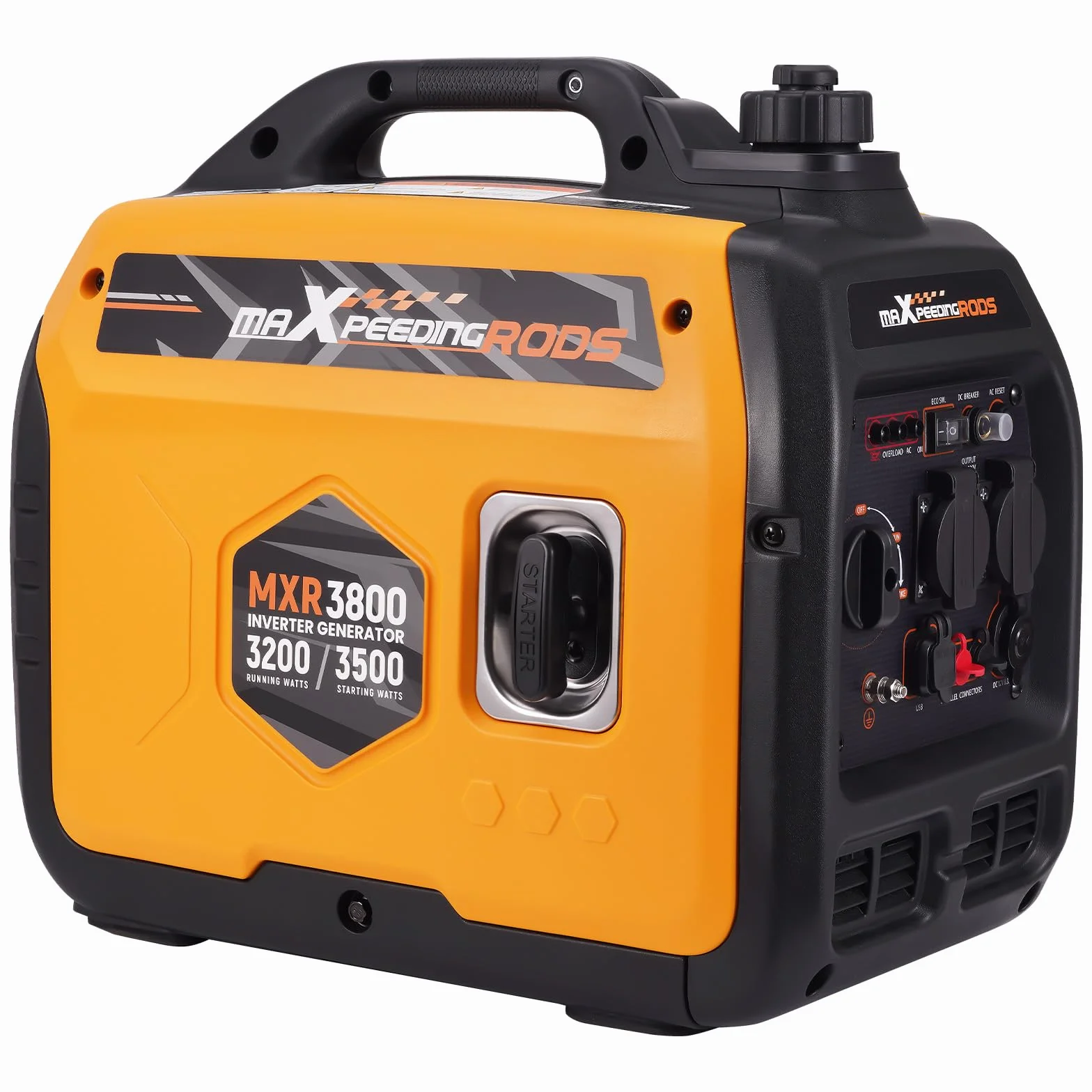 maXpeedingrods Generatore di Corrente 3500W, Portatile Generatore Inverter a Benzina 4 Tempi con 2 prese da 230 V / 2 USB / 1 presa da 12 V CC, Modalità ECO Per RV, Camper e Emergenze