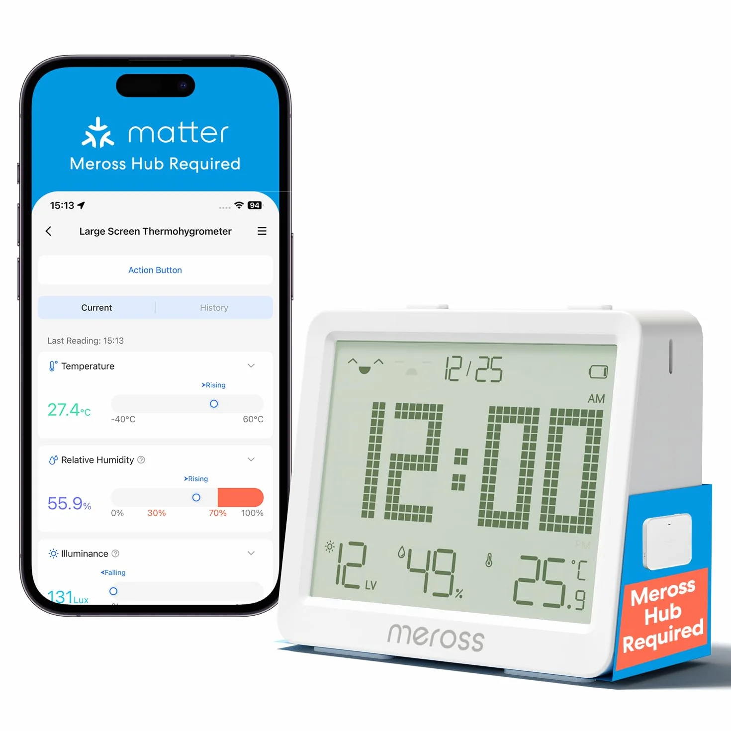 Meross Termometro Ambiente Interno WiFi, Termometro Igrometro WiFi con Allarme di Notifica, 3 Anni Durata Batteria, Compatibile con Matter, Apple HomeKit, Alexa e Google Home (Richiede un Hub)