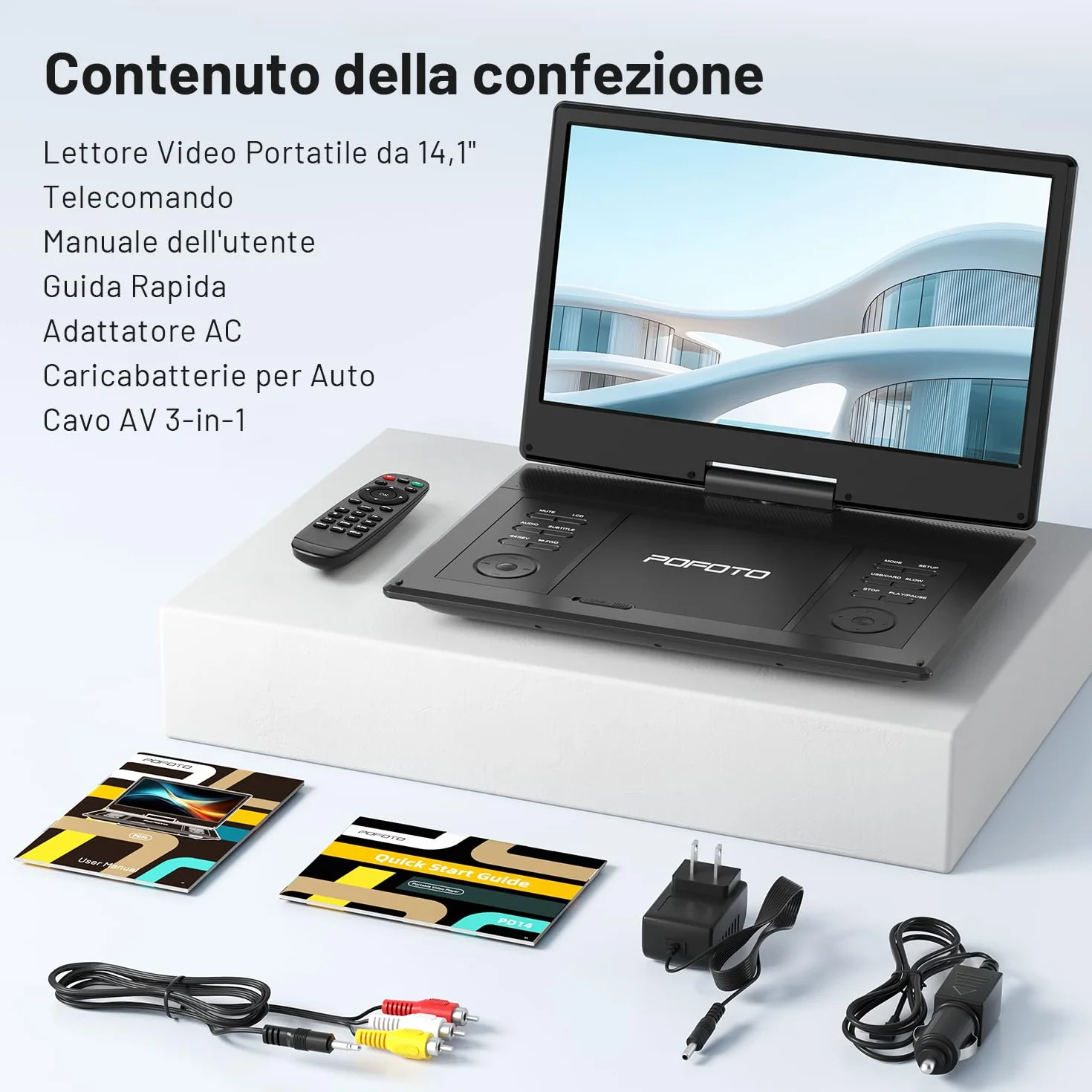 POFOTO Lettore DVD Portatile 15,7'' Schermo HD Ruotabile 14,1'' Batteria 6 Ore Supporto Multiformato Dischi SD USB Regione Libera