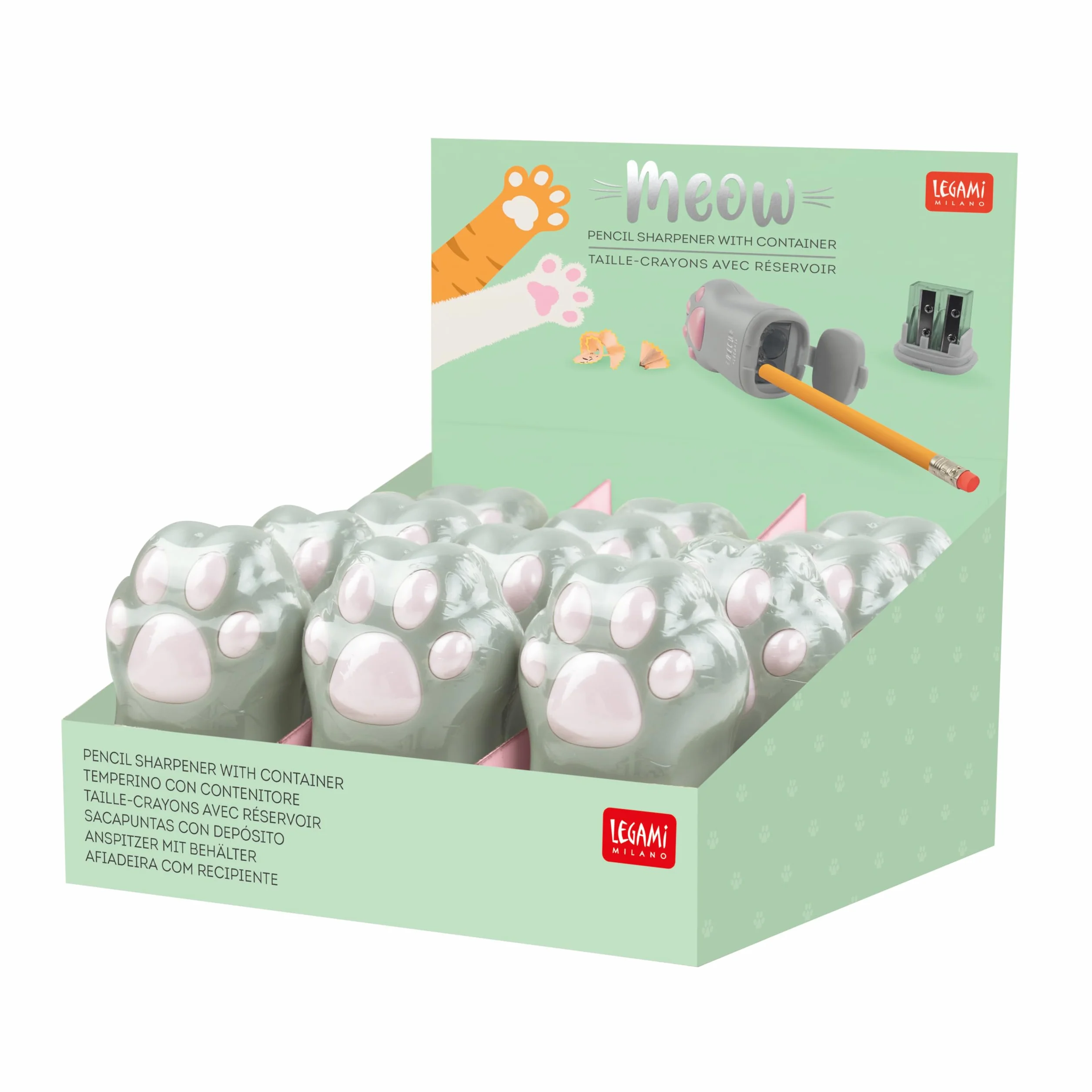 Legami Temperino con Contenitore Meow 4,5x7 cm Plastica Doppio Foro Matite Standard Jumbo Coperchio Richiudibile Serbatoio Trucioli Specchio Retro