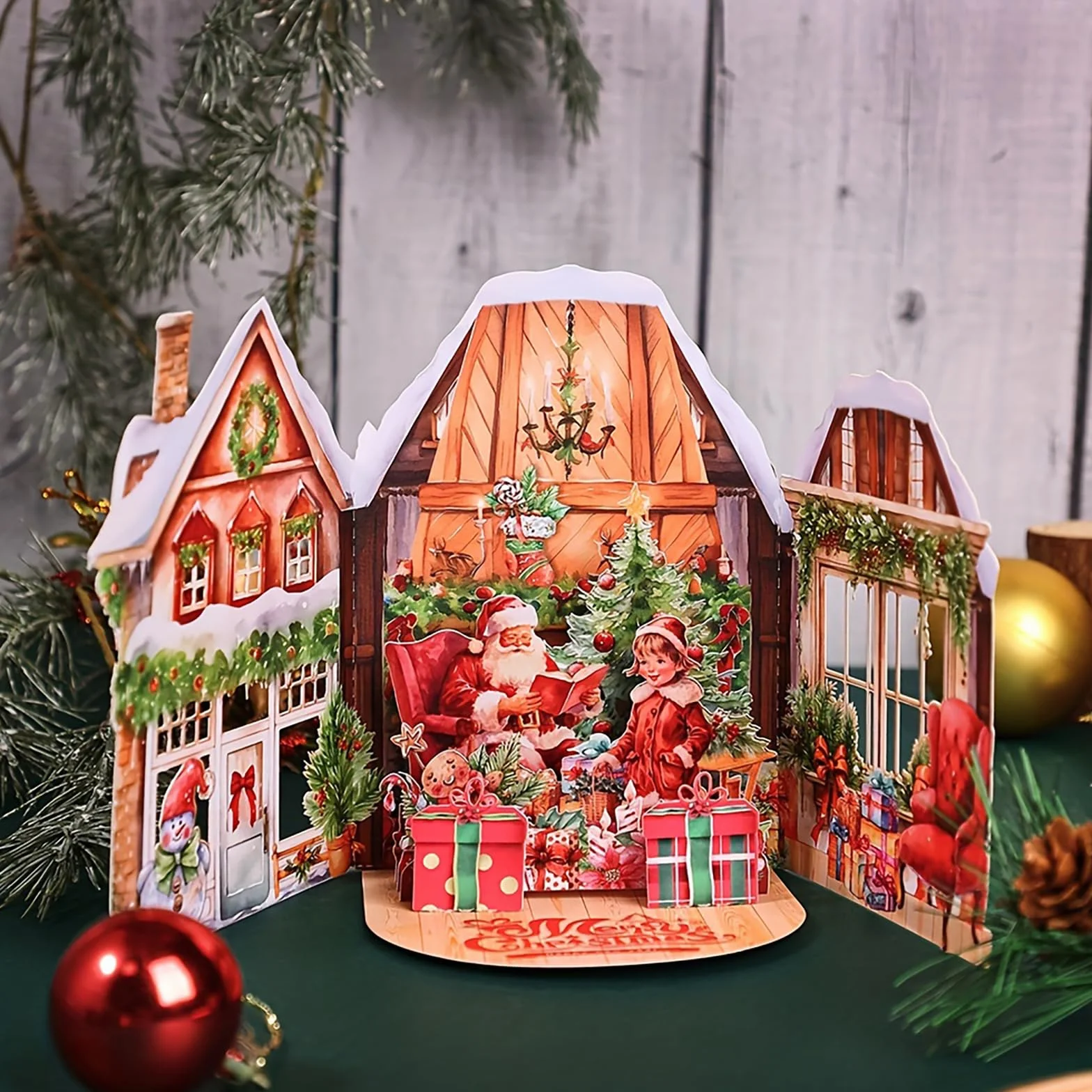 Biglietto di Natale 3D Pop Up, Cartolina Auguri con Busta, Babbo Natale e Bambina, Albero di Natale
