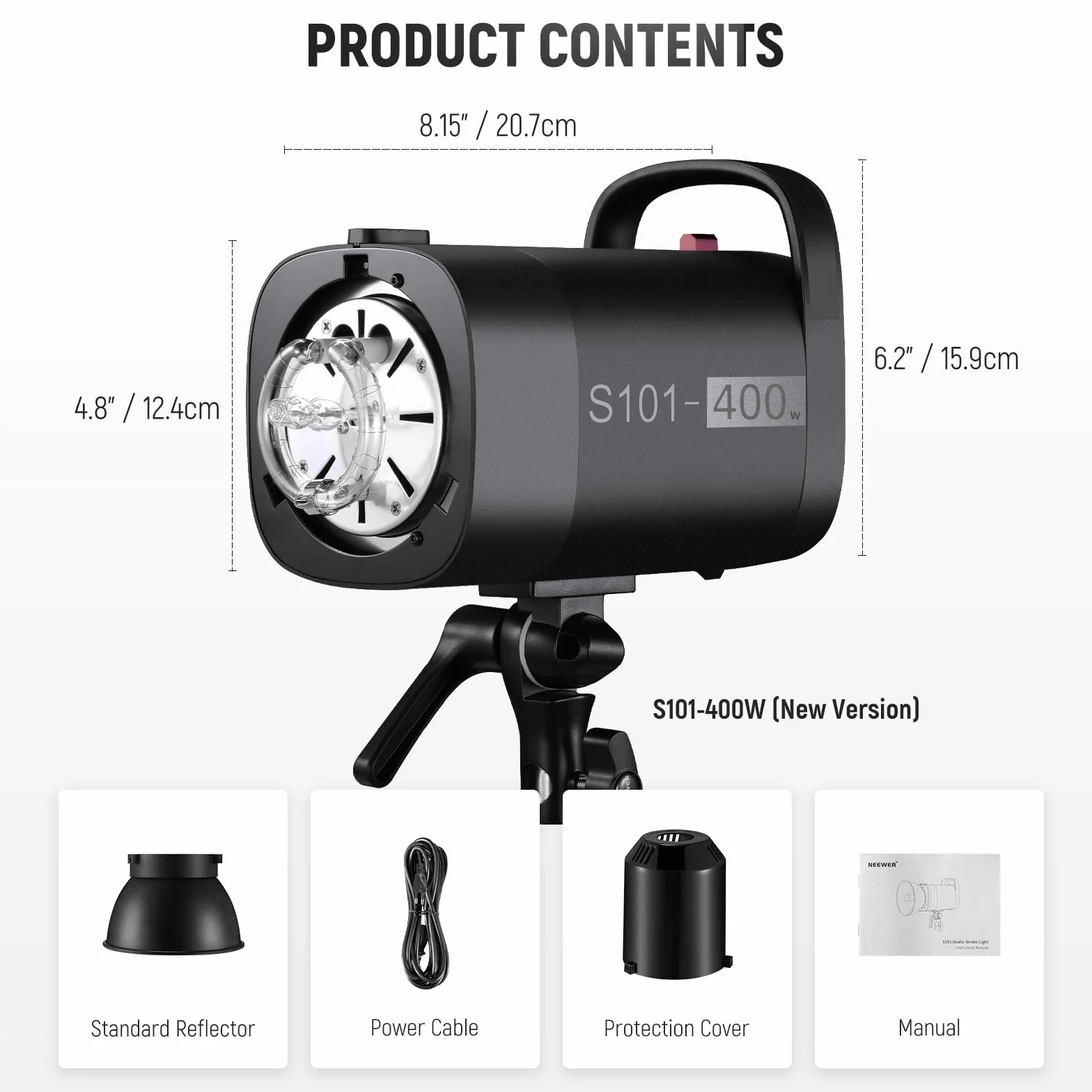 NEEWER S101-400W Strobo Flash 150W Lampada Pilota 9 Livelli 400W GN65 5600K Riflettore Standard Attacco Bowens Ventola Silenziosa S1/S2
